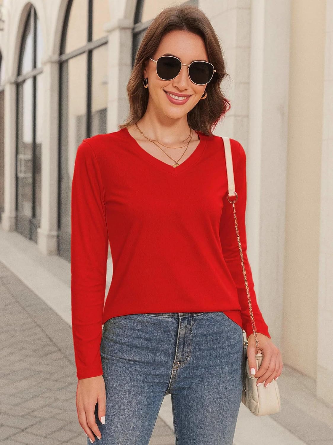 SMENG Womens Long Sleeve Shirts Pure Cotton V Neck T Shirt Basic Tops Casual Soft Tees - Image 2