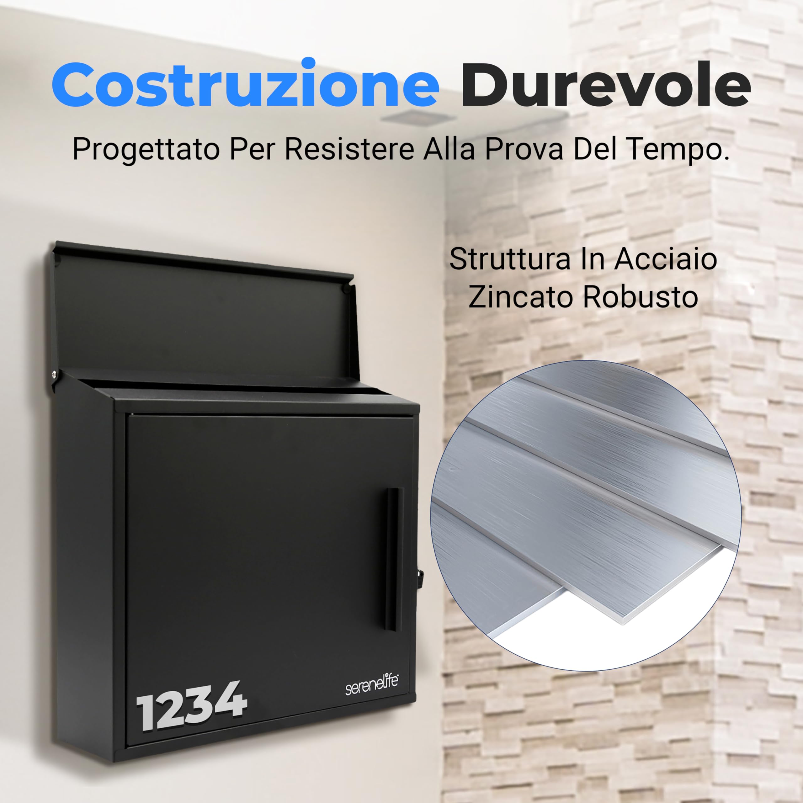 SereneLife Cassetta Postale da Esterno con Serratura, Cassetta Postale Facile Installazione da Parete, 35x11,5x33 cm, per Casa e Ufficio, Nero