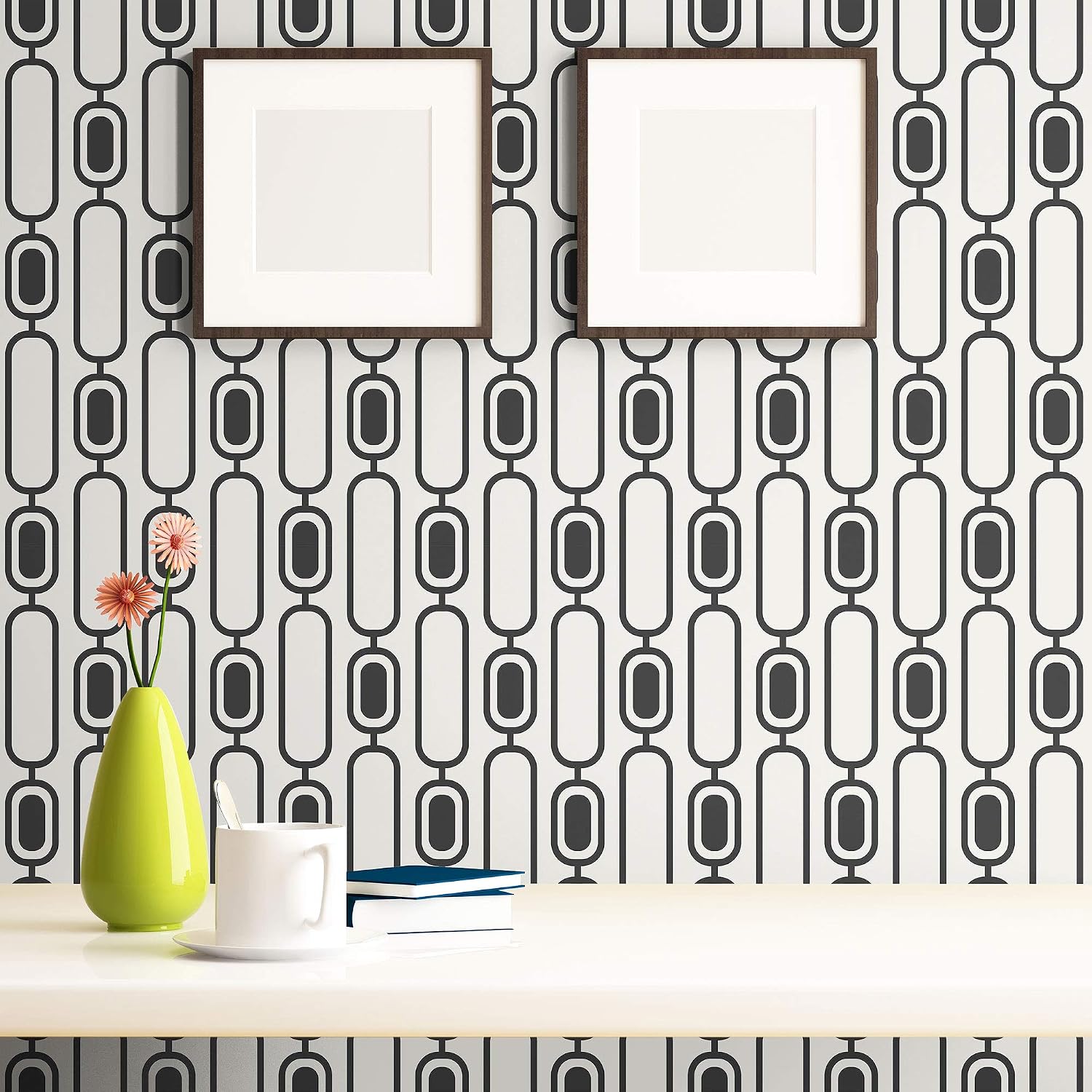 Walls By Me Peel and Stick Black and White Motif Geometric Removable Wallpaper 185b - 2ft x 10.5ft (61x320cm)