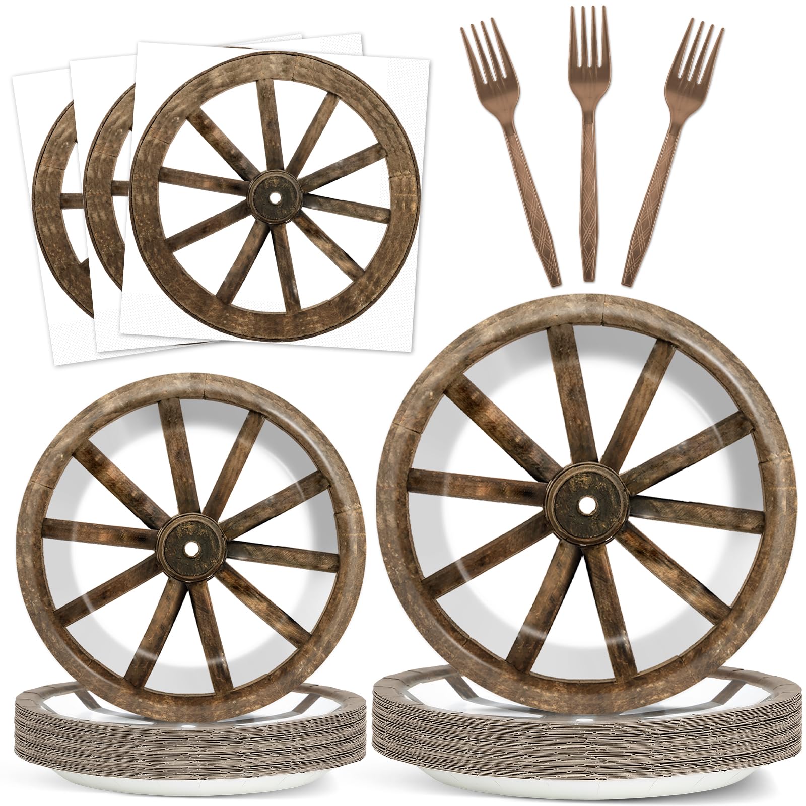 96Pcs Western Cowboy Party Paper Plates and Napkins for Western Party Supplies Wooden Wagon Wheels Themed Paper Dessert Plates Tableware Set for Kids