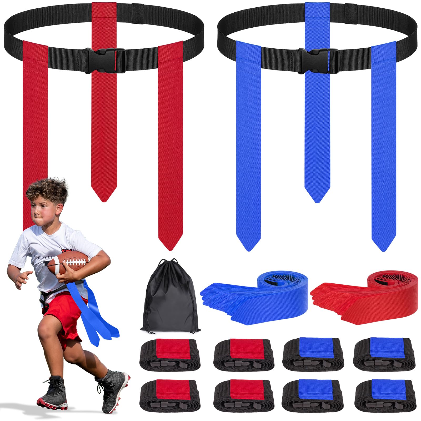 Flag Football Set - 8/10/14 Player Adjustable Belts with 4 Cones, Storage Bag, for Youth and Adults Capture Flag Training