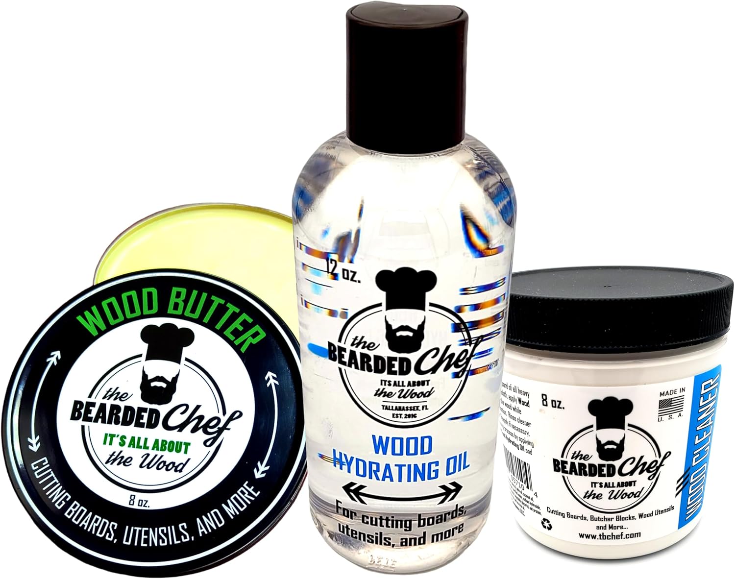 Butcher Block & Cutting Board Total Care Kit - Large Sizes - Clean, Hydrate and Protect - Made in The U.S.A. - Veteran Owned Business - The Bearded Chef Wood Care Bundle