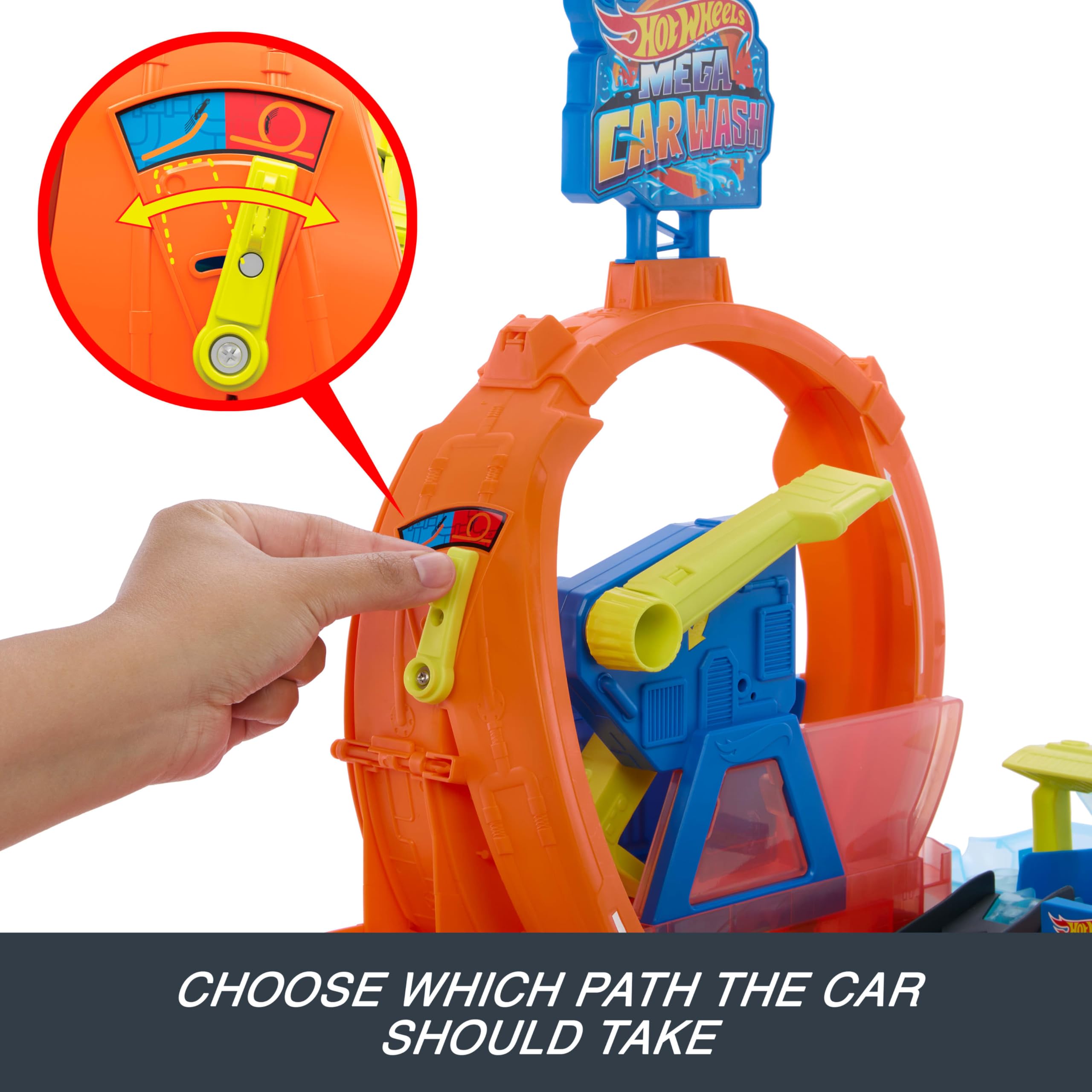 Hot Wheels City Mega Loop Lavado de Coches y Vehículo Cambia Color | Circuito con vehículo de escala 1:64 que cambia de color con agua caliente o fría, ideal para acrobacias y carreras, JTC56