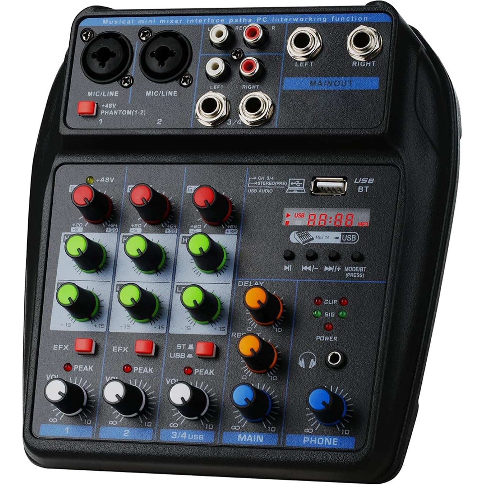 Portable 4 Channel Mixer Recording Sound Console Mixing Card with BT 48V USB Interface for DJ PC MP3 Phone