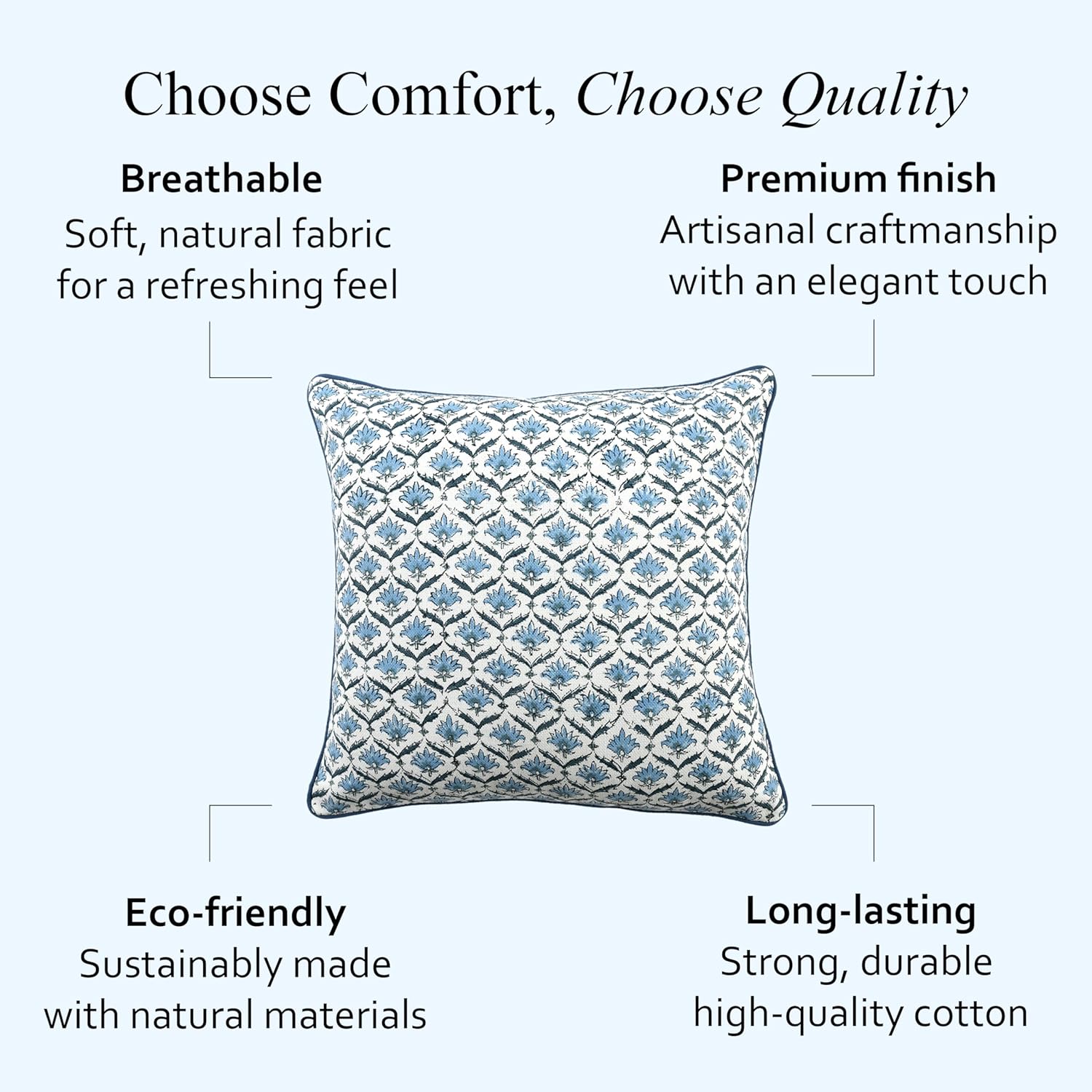 CPC Jeans Blue Block Print Throw Cushion Cover 20 x 20 Inch Set 2 - Decorative Boho Floral Pillow Case for Living Room, Bed, Sofa, Couch, Home Decor Cushion Cover Gift for Spring, Mother's Day