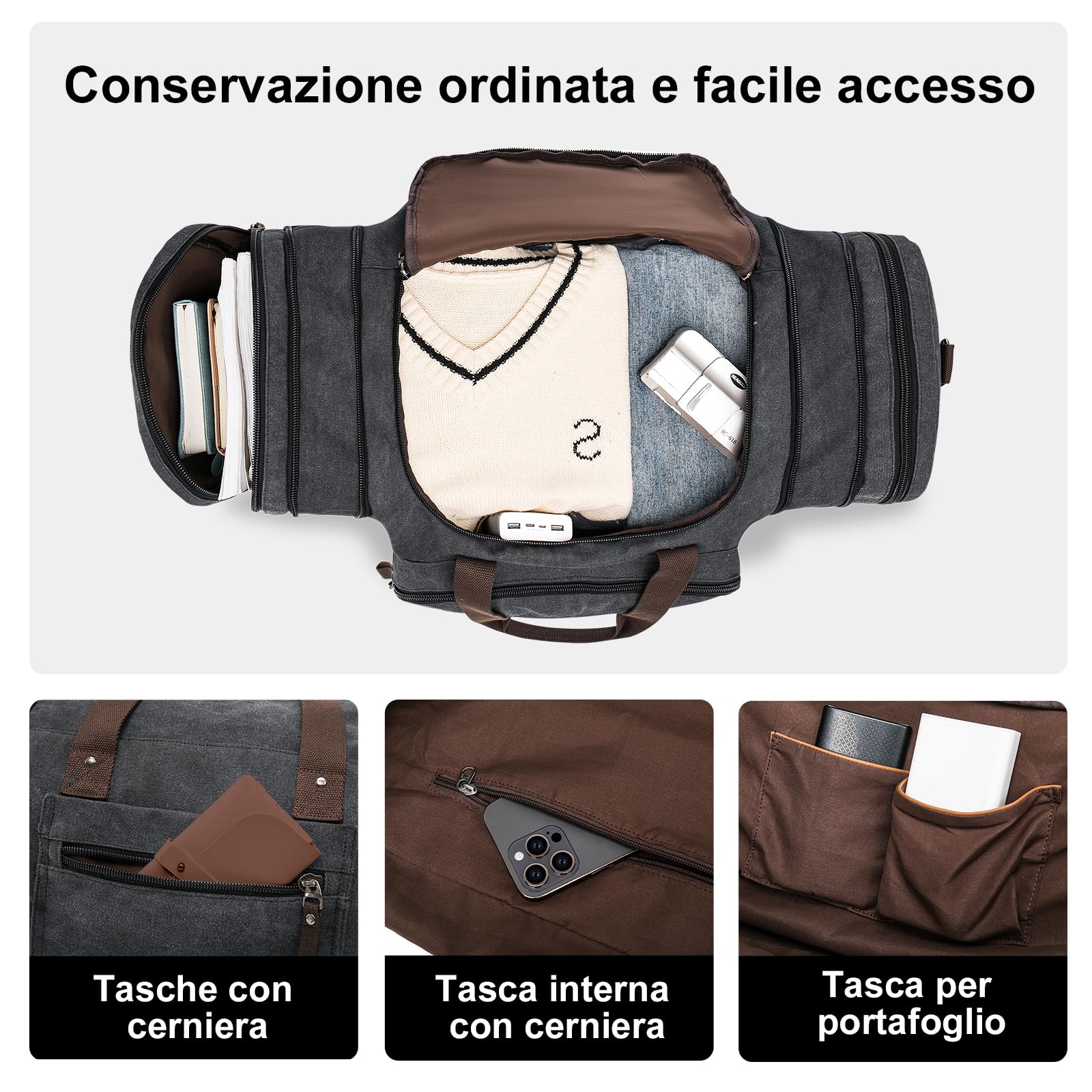EKOROMIER 70L Borsa da Viaggio Grande in Tela per Uomo – Borsone Espandibile – Borsa Extra Capiente per Vacanze, Palestra e Viaggi Lunghi