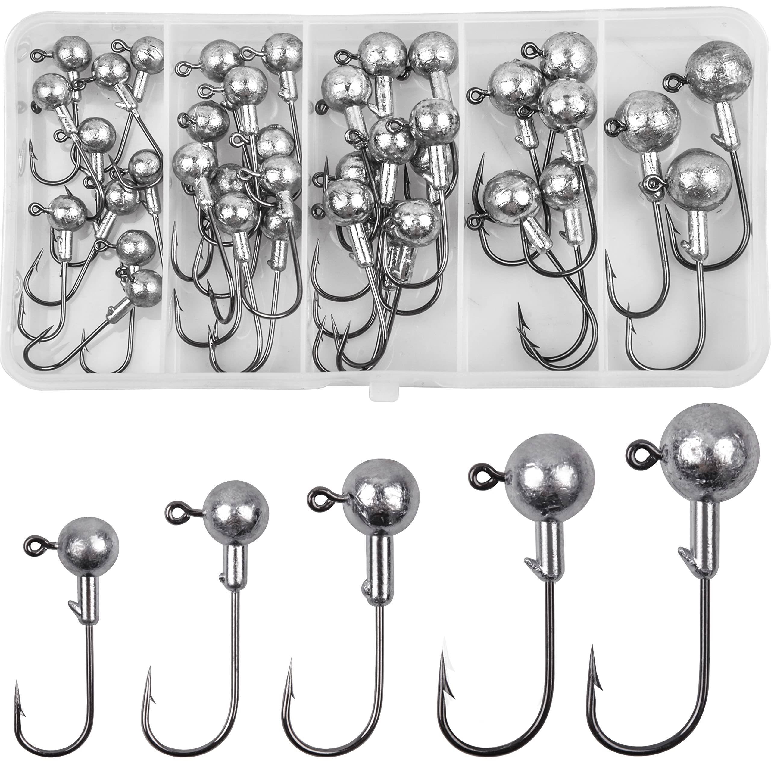 Round Ball Jig Heads Assortment Fishing Jig Head Hooks Set Unpainted Swimbait Jig Head Assorted Lead Jig Heads for Crappie Walleye Steelhead Saltwater Fishing