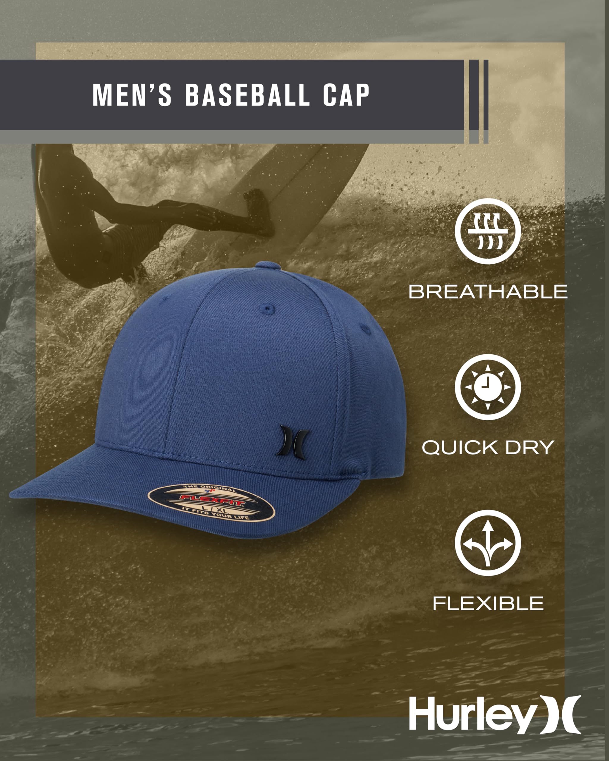 Hurley Men's Baseball Cap - Breathable 6 Panel Stretch Curved Bill Fitted Hat, Size Large-X-Large, Navy