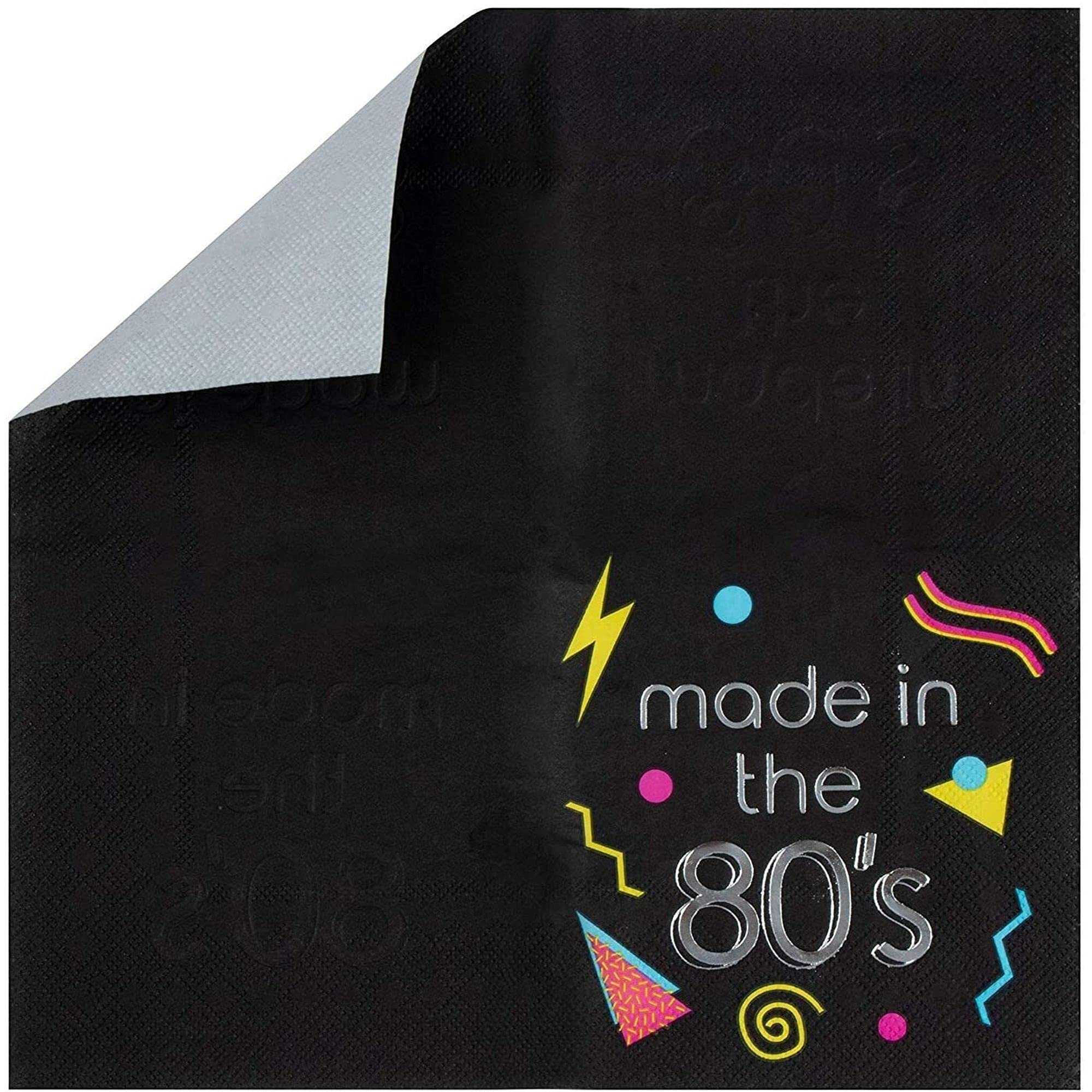 80er Jahre Cocktailservietten – 50 Stück, Schwarz Mit Silberfolie, Retro Partyzubehör (25,4 X 25,4 Cm)