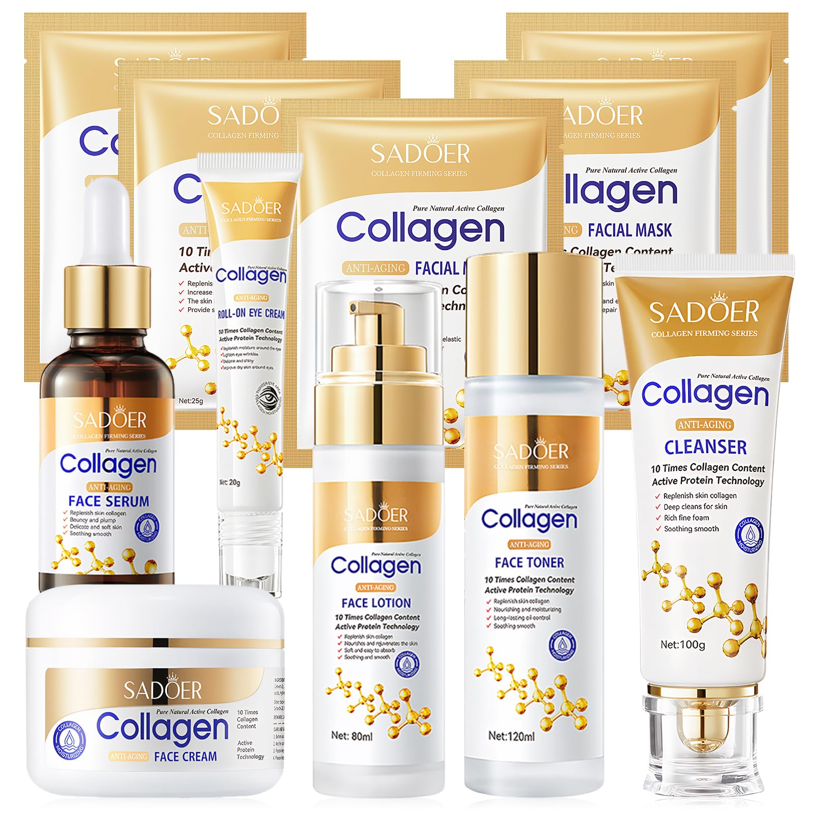 11 Stück Collagen Skin Care Set, Kollagen Gesichtspflege Set Damen, Enthält Collagen Creme, Gesichtsreiniger, Face Toner, collagen Serum, Augencreme, Kollagen Maske, Gesichtslotion