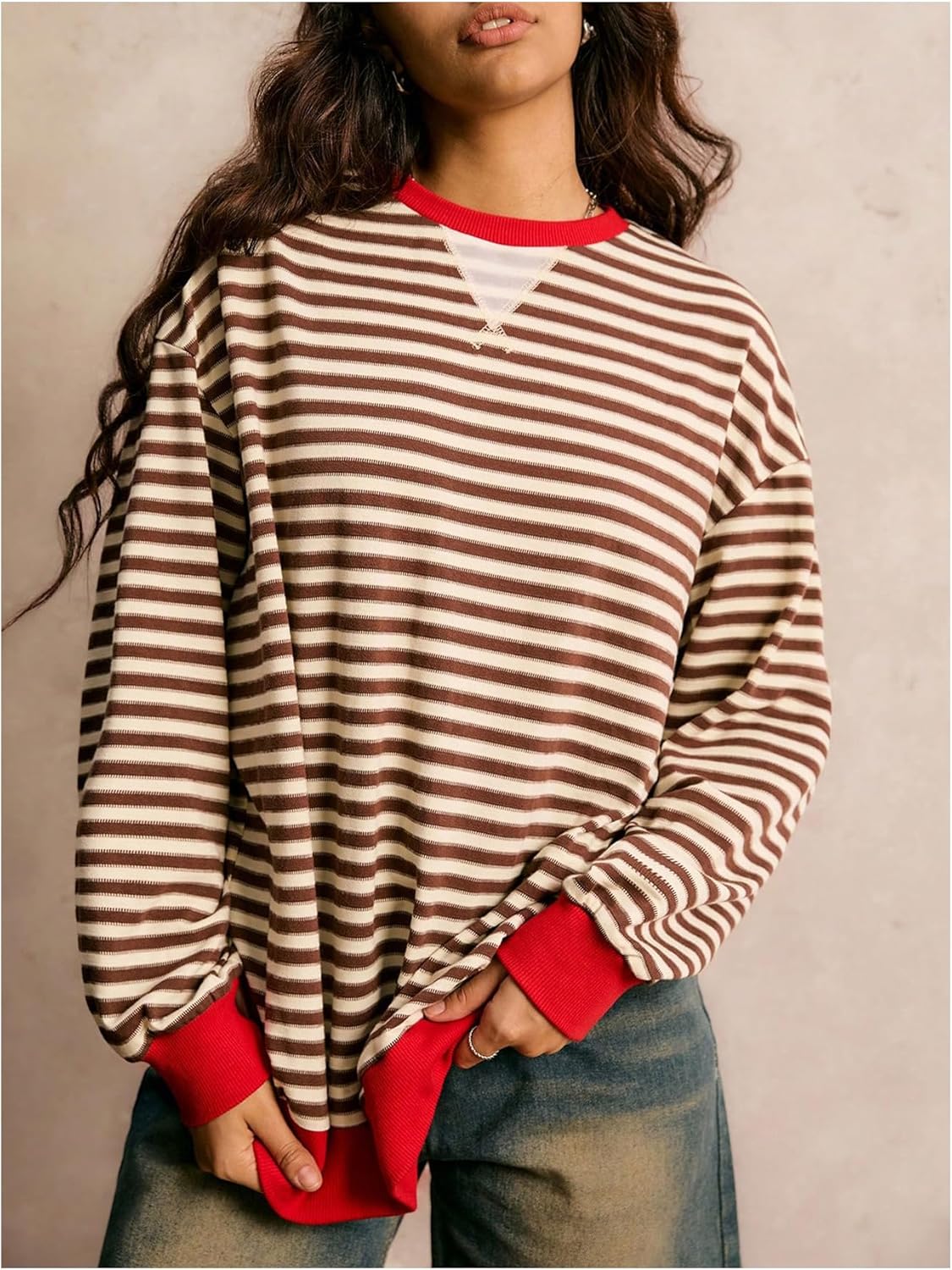 Floerns Women's Striped Long Sleeve Fall Sweatshirts Crewneck Vintage Oversized Pullover Tops - Image 4