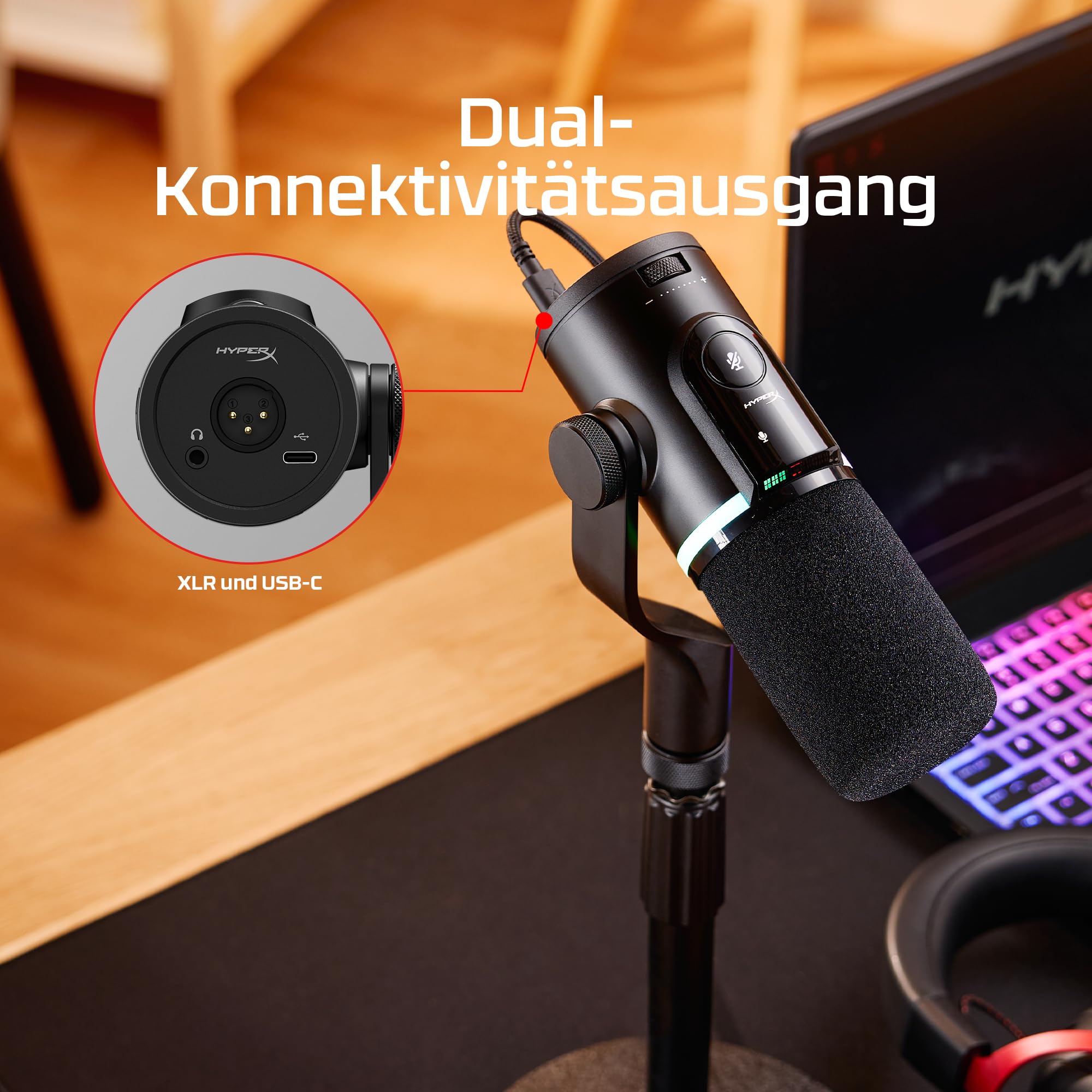 HyperX FlipCast Dynamisches USB/XLR-Mikrofon – Profi-Streaming & Podcast-Mikrofon mit Rauschunterdrückung, RGB-Beleuchtung, Onboard-Steuerung, 192 kHz/32-Bit, Schwarz