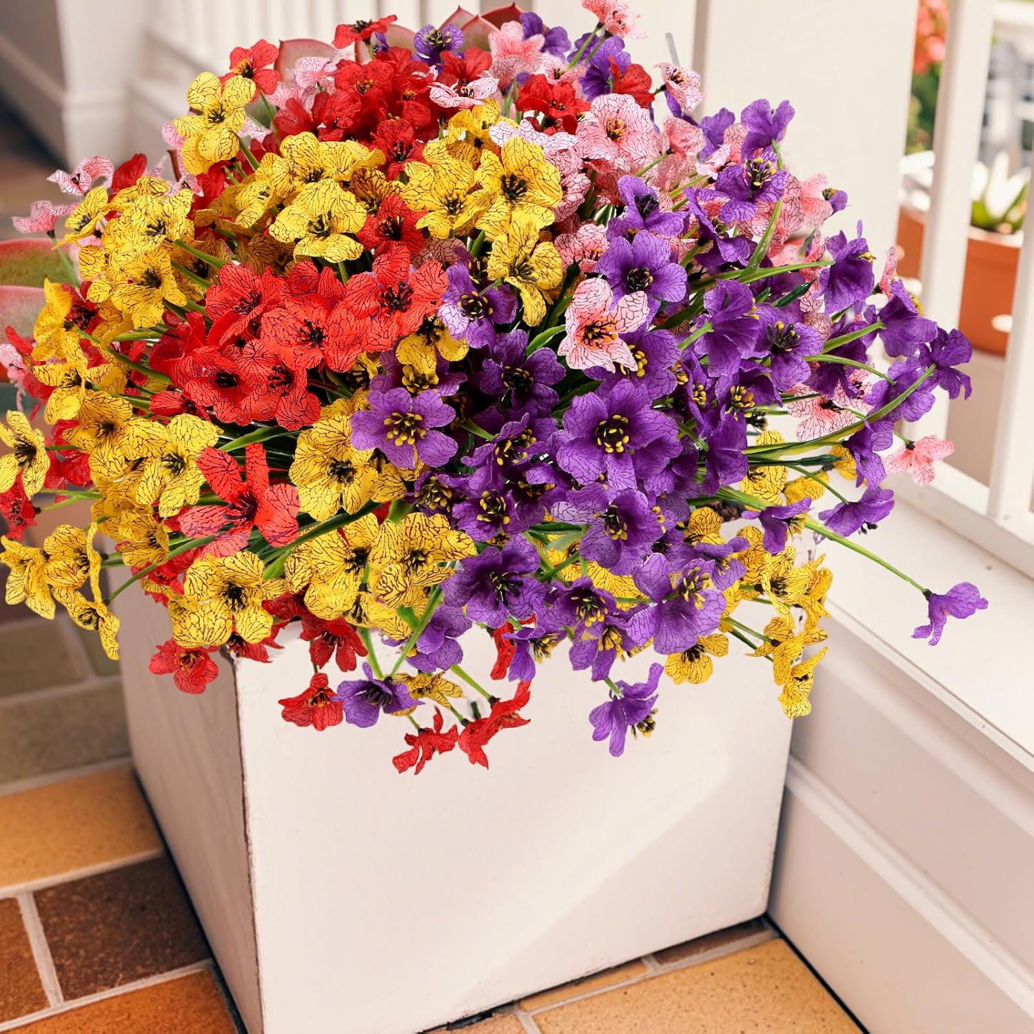 Geegoods Artificial Fake Plants Flowers for Outdoors, 14Bundles UV Resistant Faux Plastic Colorful Mix Mum Flowers for Outside Spring Summer Decor