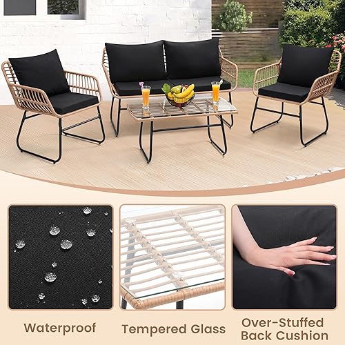 Miniatura 4 de Kromax Juego de muebles de patio bistró de 4 piezas, sofá de mimbre, 2 sillas de ratán y mesa, juego de conversación de patio trasero, cojines para