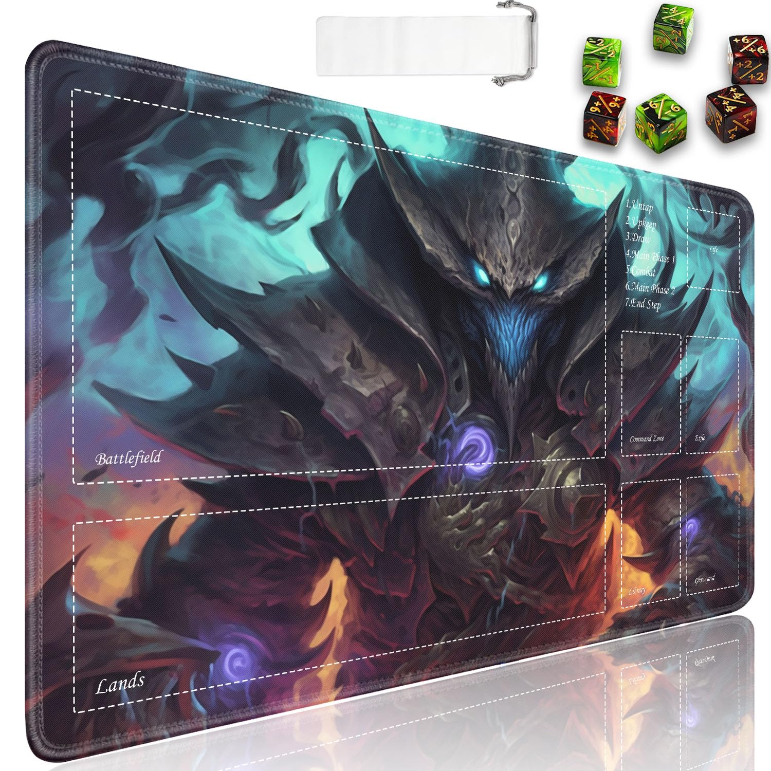 JVGFYNKL for TCG Playmat, Playmat with Zones, 24x14 in Non-Slip Rubber for MTG Playmat with Drawstring Travel Pouch and 6 Dice, Ghost Mage for MTG Mat