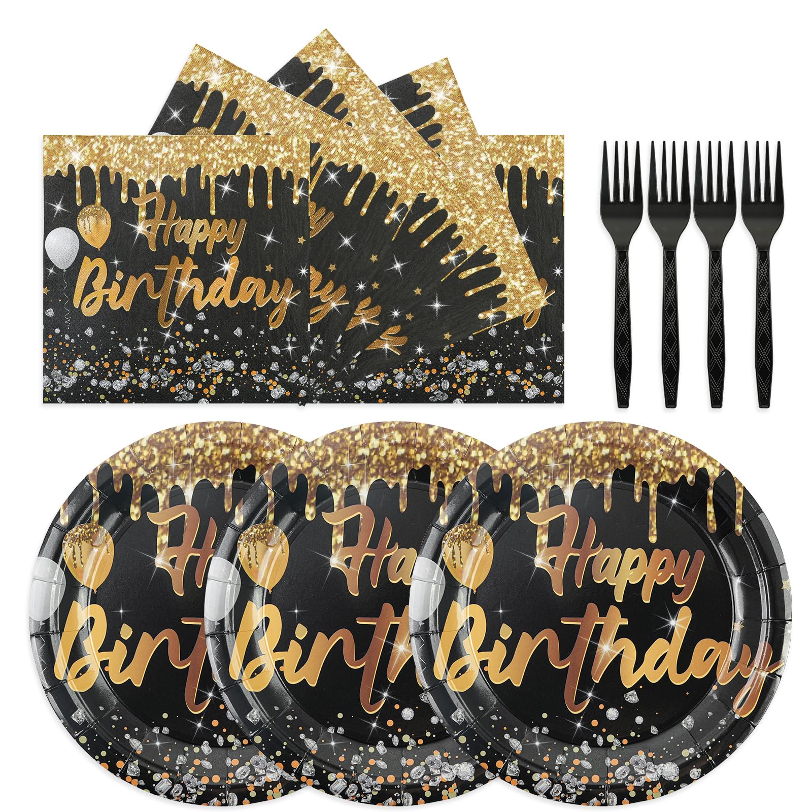 HFBOBP 75PCS Happy Birthday Plates and Napkins, 7 Inch Black and Gold Paper Cake Plates Disposable Party Supplies Party's Tableware for Birthday Party