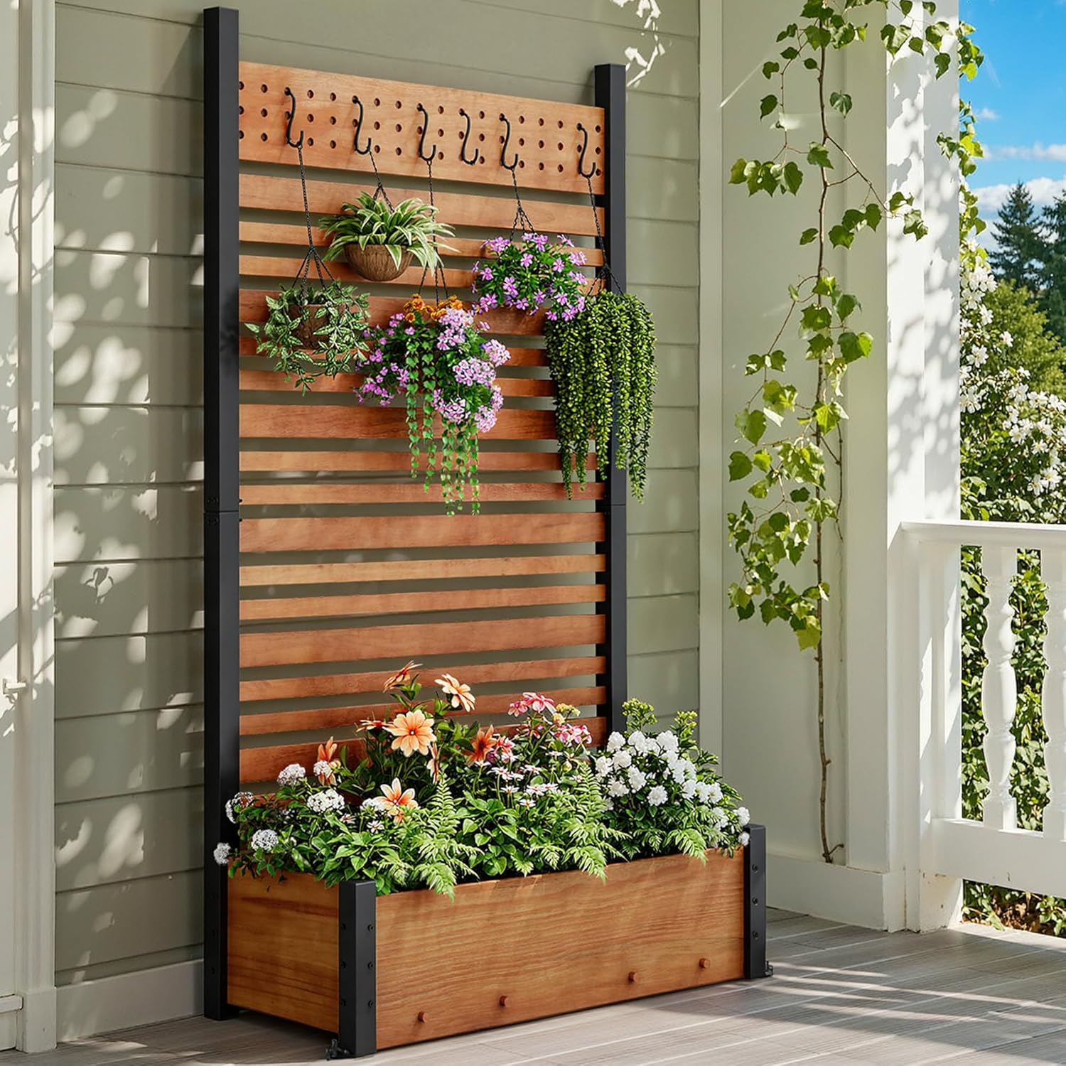 DWVO 72" H x 42" W Outdoor Privacy Fence, Outdoor Privacy Screen with Planter Box, Wood Fence Panel, Privacy Wall Outdoor, Wood Fence Panel for Backyard, Patio,1 Panel, Brown