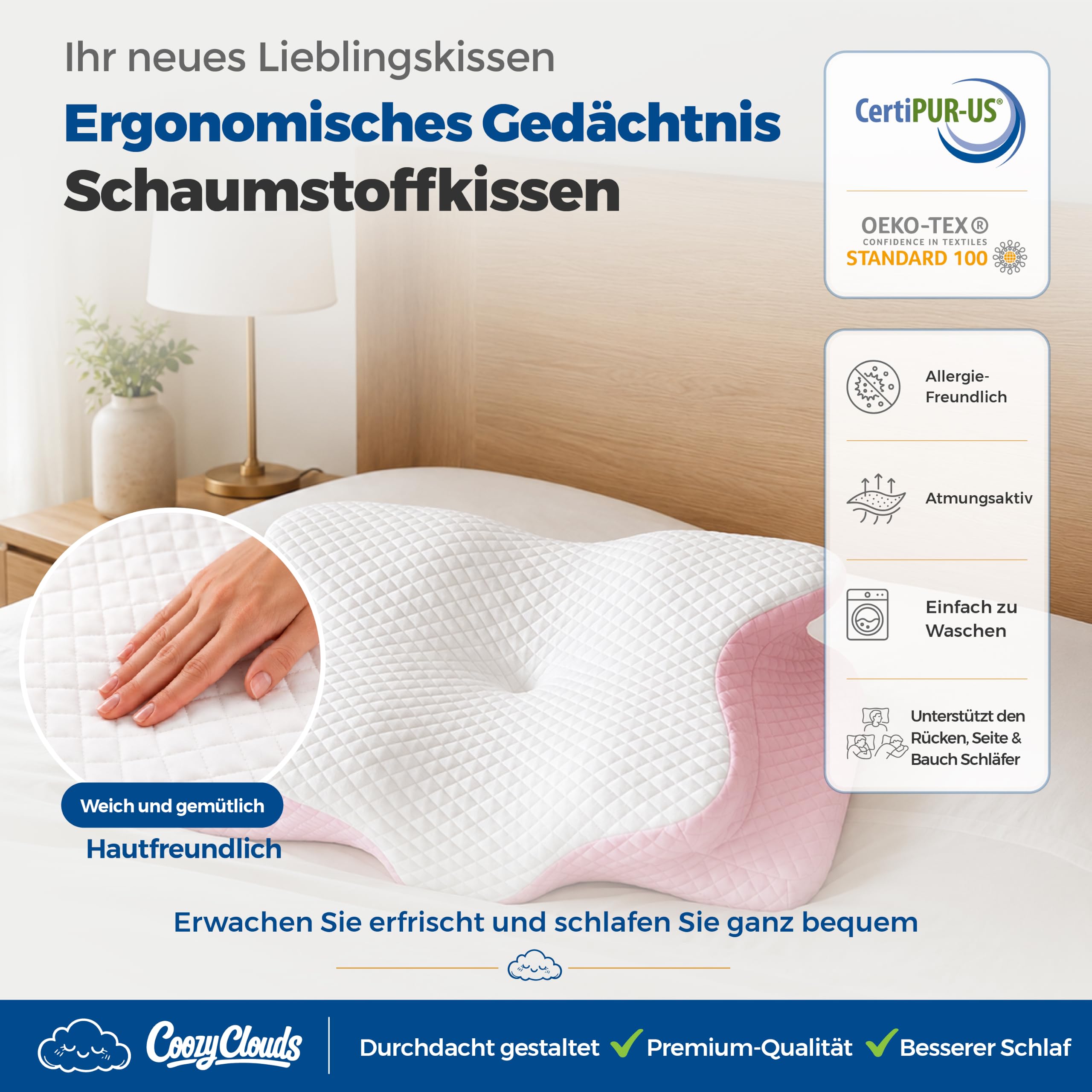 Ergonomisches Memory Schaum Kopfkissen Nackenstützkissen Seitenschläferkissen Kühlend Rosa