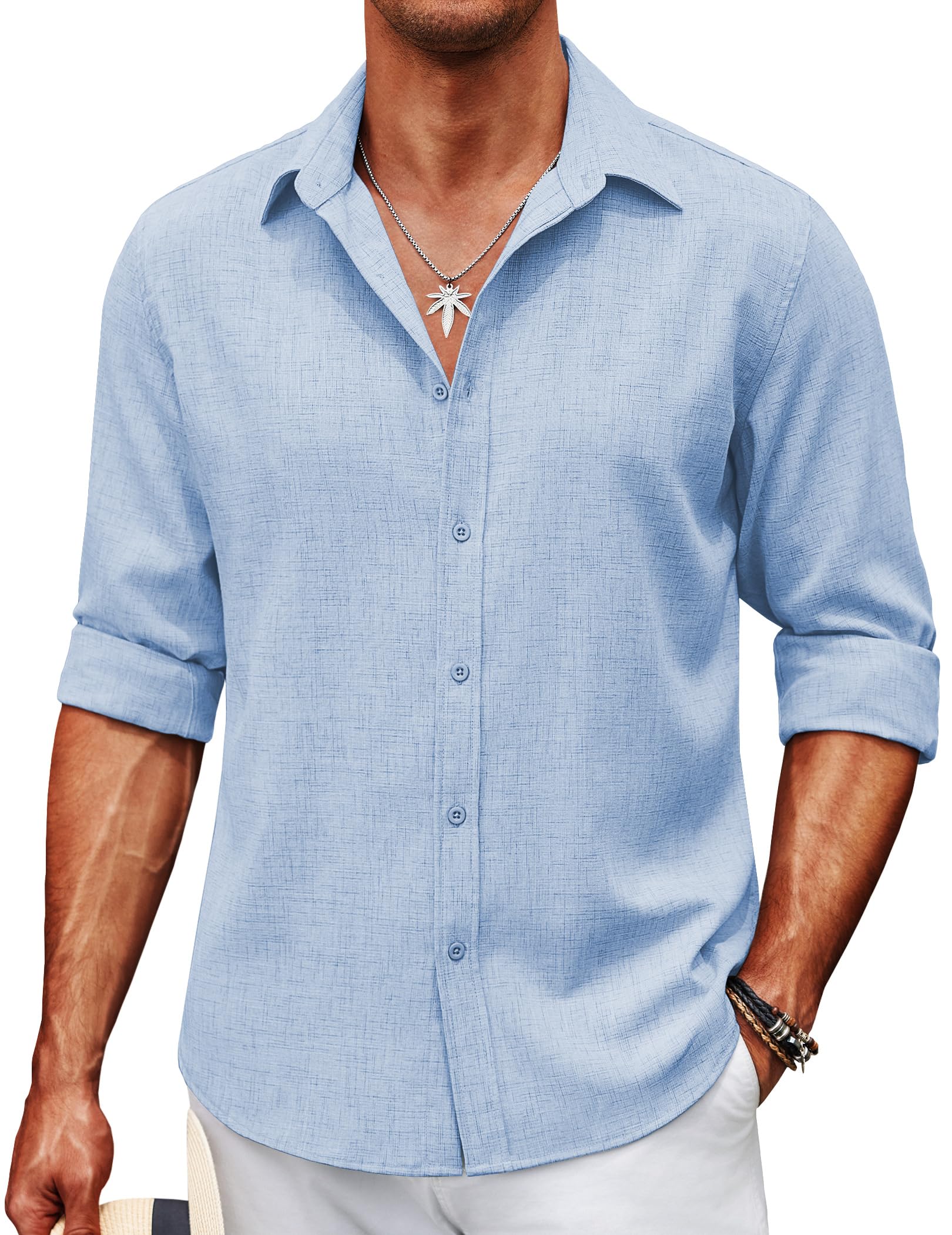 COOFANDY Men's Casual Button Down Shirt Long Sleeve Untucked Chambray Shirt Wrinkle Free Dress Shirts