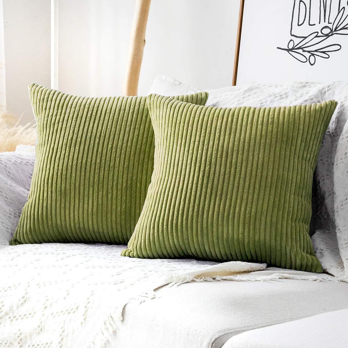 MUDILY Pack of 2 Decorative Pillow Covers Decor Supersoft Striped Velvet Throw Toss Pillowcase Cushion Cover for Chair Sofa Bedroom Car, Grass Green 16 x 16 inch 40 x 40 cm