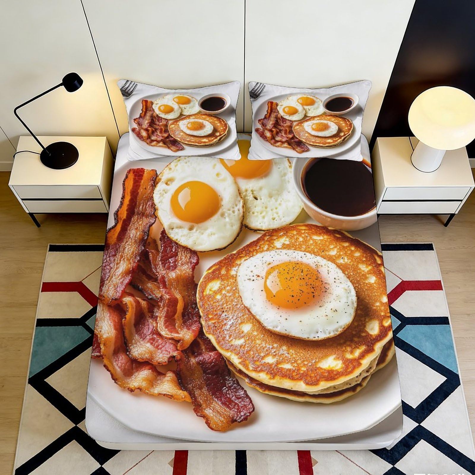 3D Printed Breakfast Food Fitted Sheet Microfiber Anti-Slip Pancake Bacon Egg Bed Cover for Bedroom Dorm Decor 90x200x25cm