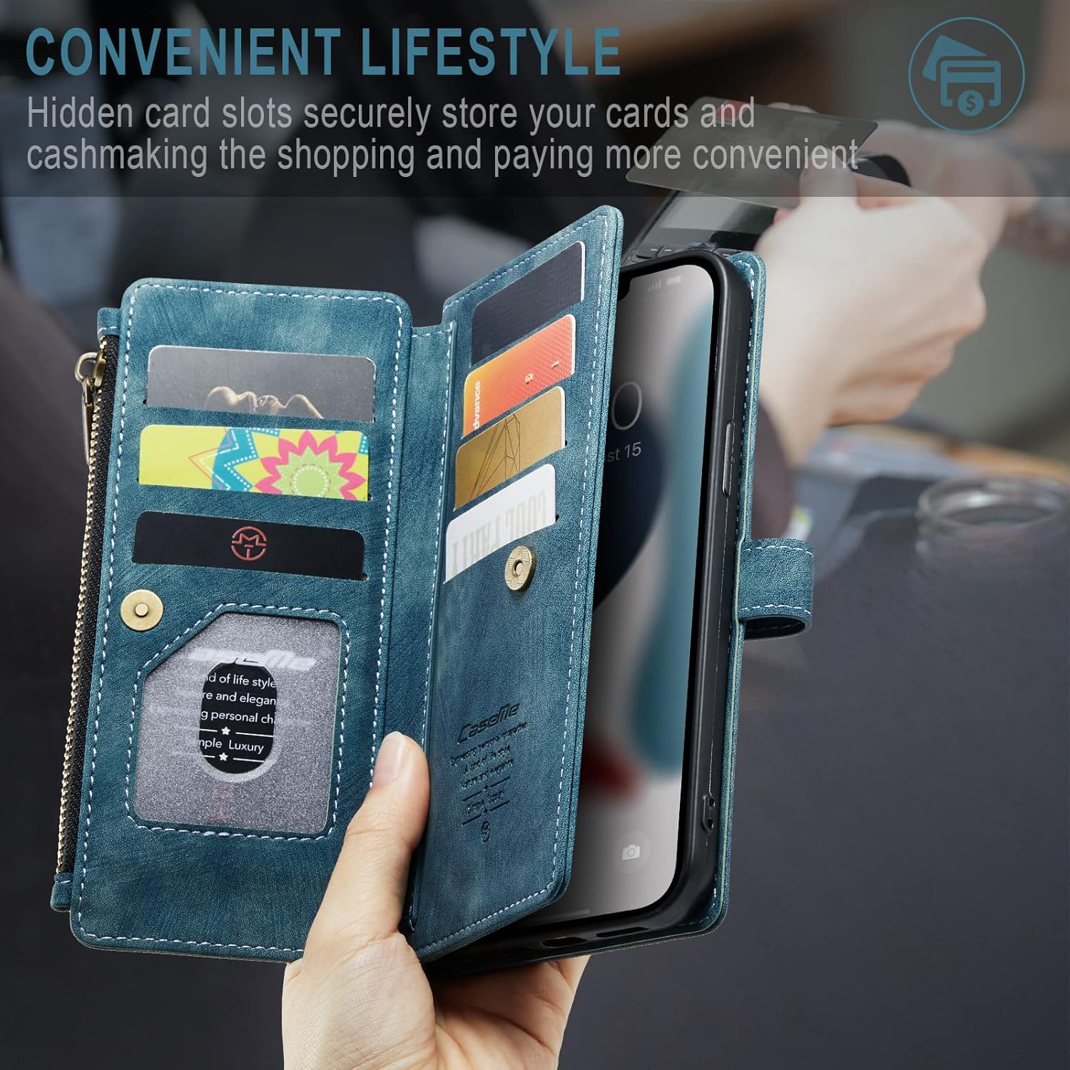 iPhone 13 Pro Max 5G Wallet Case with Card Holder Kickstand Magnetic Zipper Pocket Lanyard Strap Wristlet,Leather Flip Case Wallet for iPhone 13 Pro Max 5G 6.7 Inch -Blue - Image 5