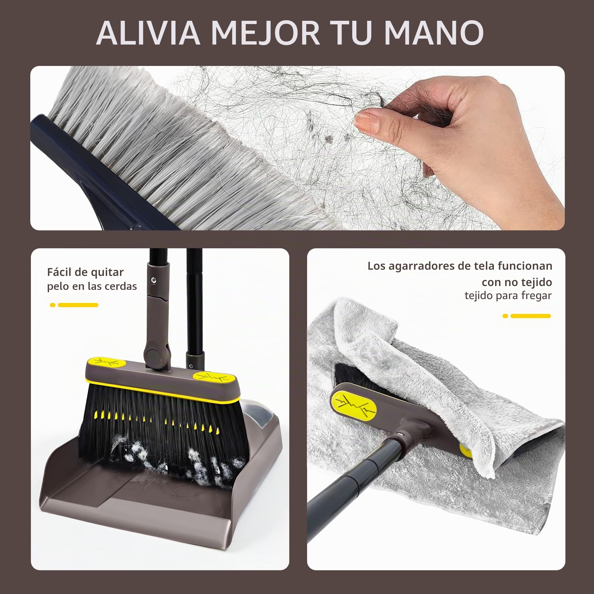 JEHONN Escoba Alta y Recogedor Plegable, Cepillo Barrer Mango Largo, Juego de Sartenes para Interior, Cabeza Giratoria 180° (Marrón Amarillo)