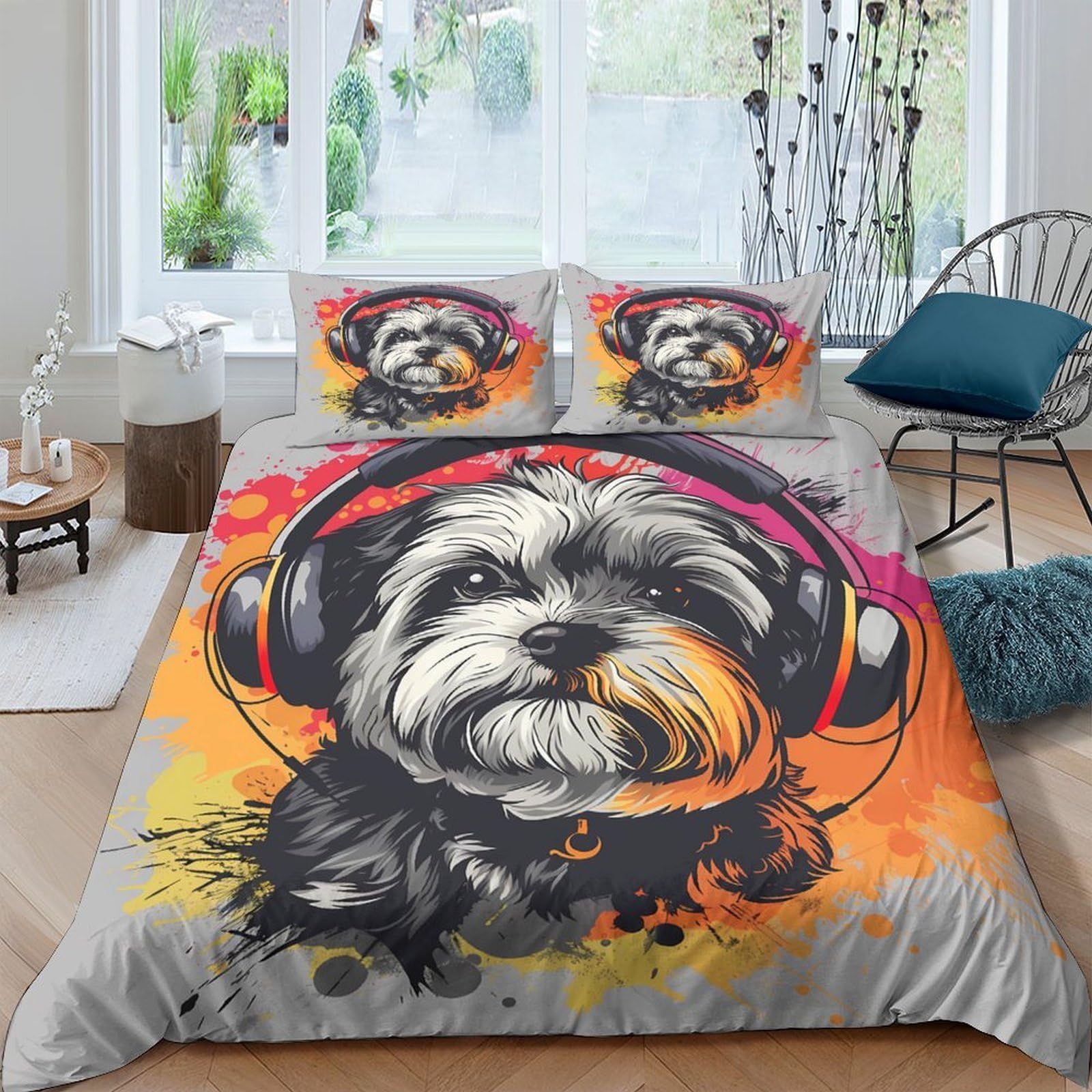 Ctjqhvkz Style-5 3D Printed Headphone Dog Fitted Sheet Microfiber Soft Orange Art Bed Cover For Bedroom Guestroom Decor Easy Care Single（135X200cm）