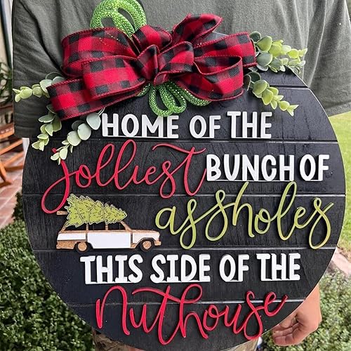 Coronas de Navidad para puerta delantera, letrero colgante de madera de bienvenida de Navidad, cartel de bienvenida de madera, Jolliest Bunch of