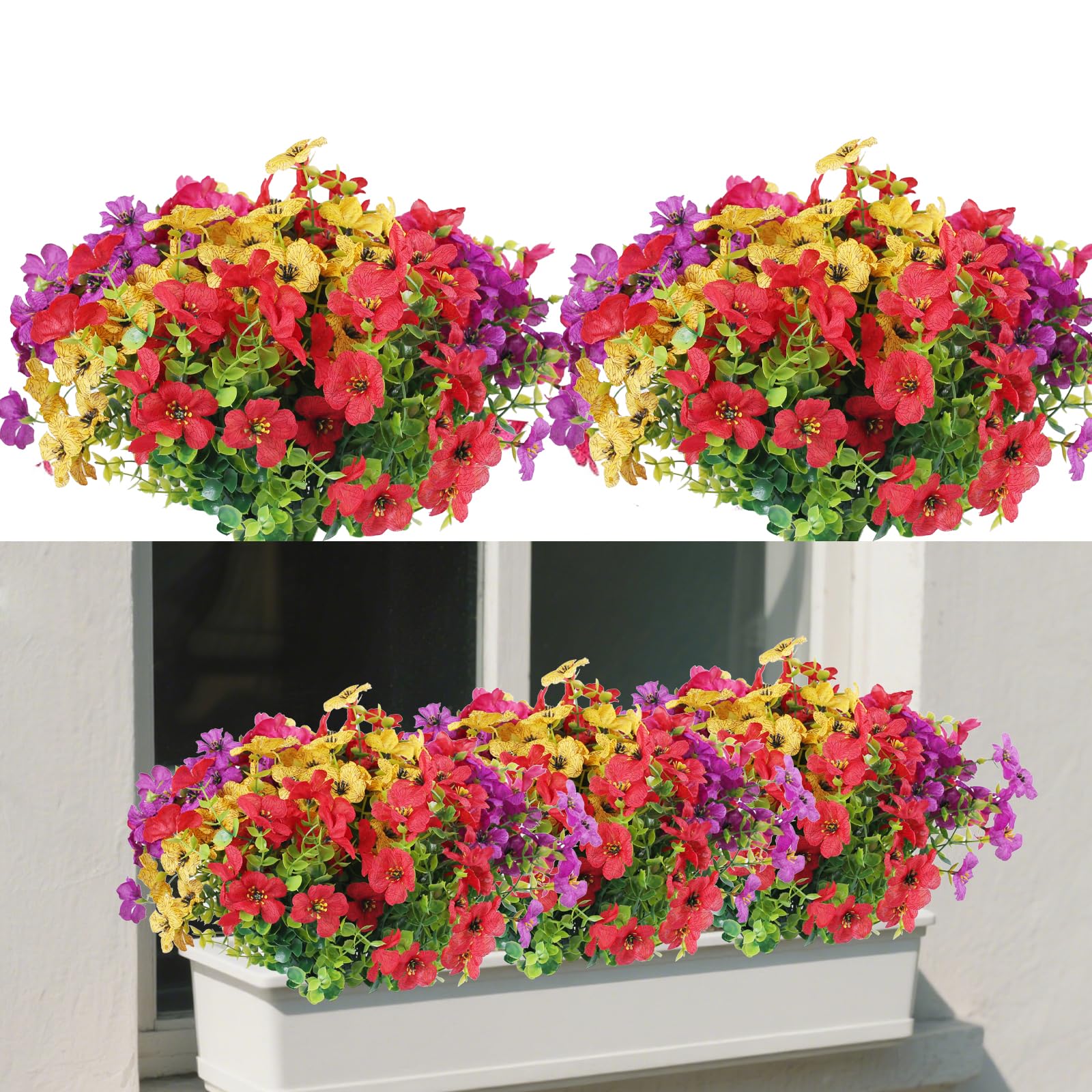 wiipara 12 Bundles Artificial Flowers Outdoor UV Resistant Fake Flowers No Fade Faux Plants Garden Porch Window Box Decorating, Purple Yellow Pink Red