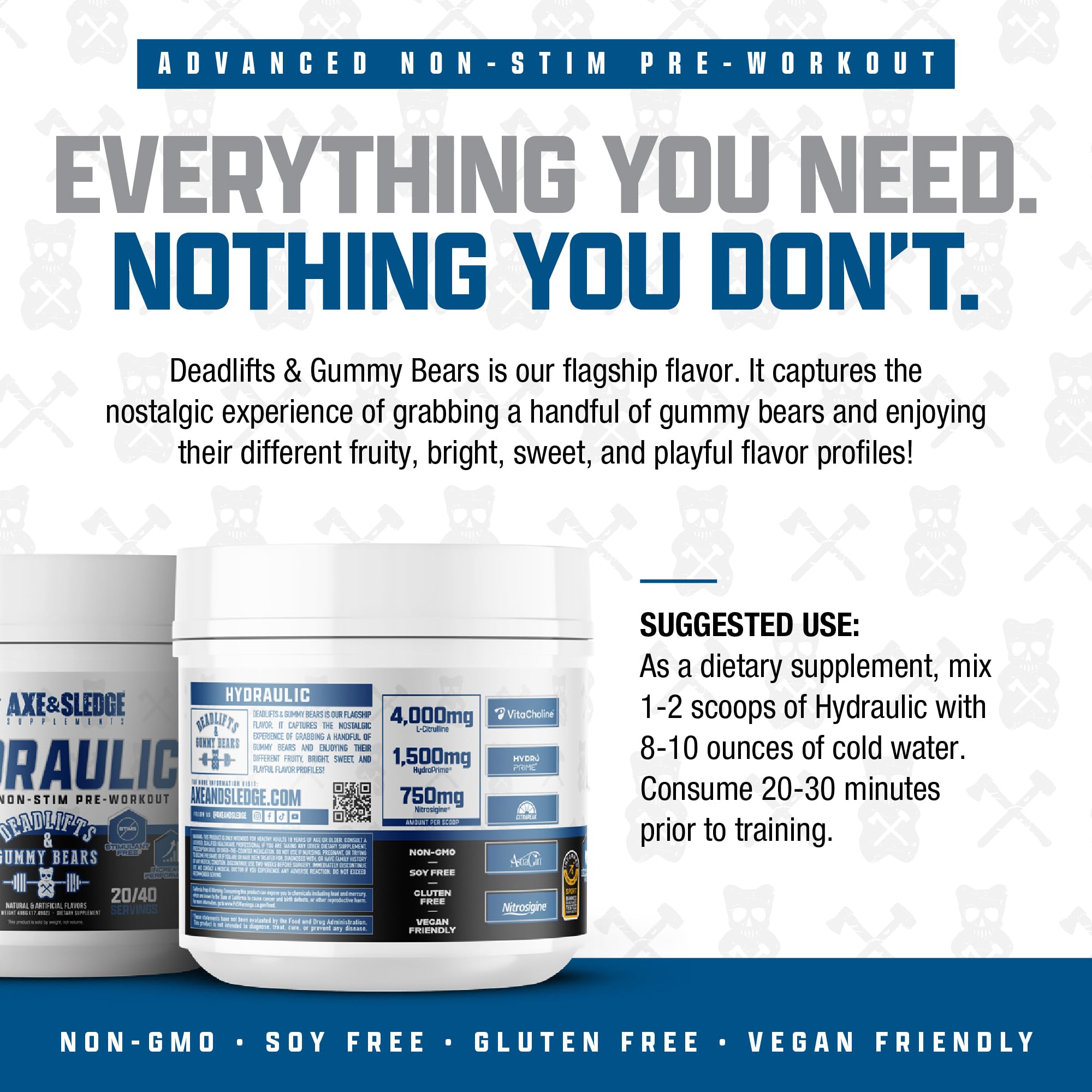 Axe & Sledge Hydraulic Stim-Free Pre-Workout Powder for Men & Women | Performance, Stamina, Focus, Pumps | L-Citrulline, Beta Alanine, Creatine, Caffeine-Free, Deadlifts & Gummy Bears — Amazon image 4