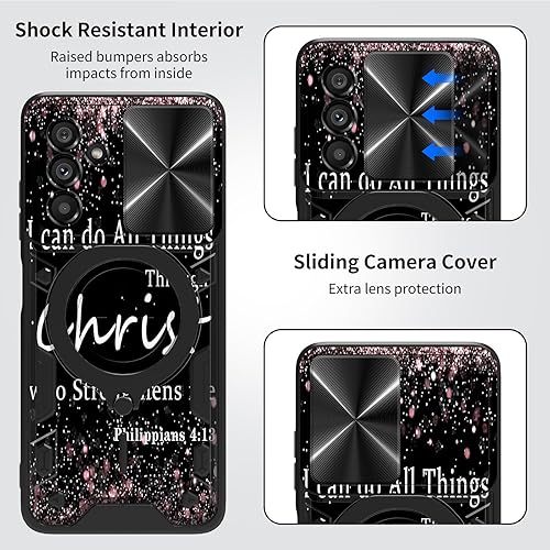 Vista 276 de Funda para Samsung Galaxy A13 5G con cubierta deslizante para lente de cámara y anillo giratorio de 360 grados, soporte híbrido de doble capa Flores