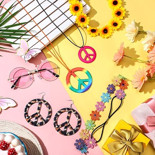 Miniatura 6 de Remuuly 16 piezas de accesorios de disfraz hippie de Halloween para mujer, juego de accesorios de los años 60 y 70, diadema, lentes de sol hippie