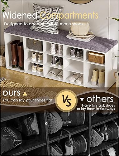 Miniatura 40 de DINZI LVJ Banco organizador de zapatos con cojín, zapatero de 9 cubos y estantes ajustables, multifuncional, para salas de estar, dormitorio, Gris