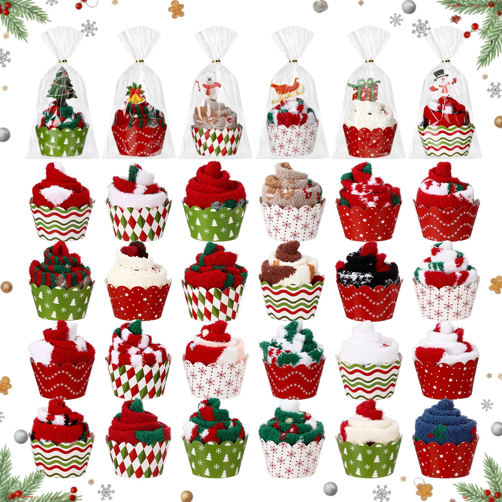 Coume 24 Paar Weihnachts-Cupcake-Socken für Frauen, flauschige Wintersocken mit Geschenk-Box, für Weihnachtsstrumpffüller