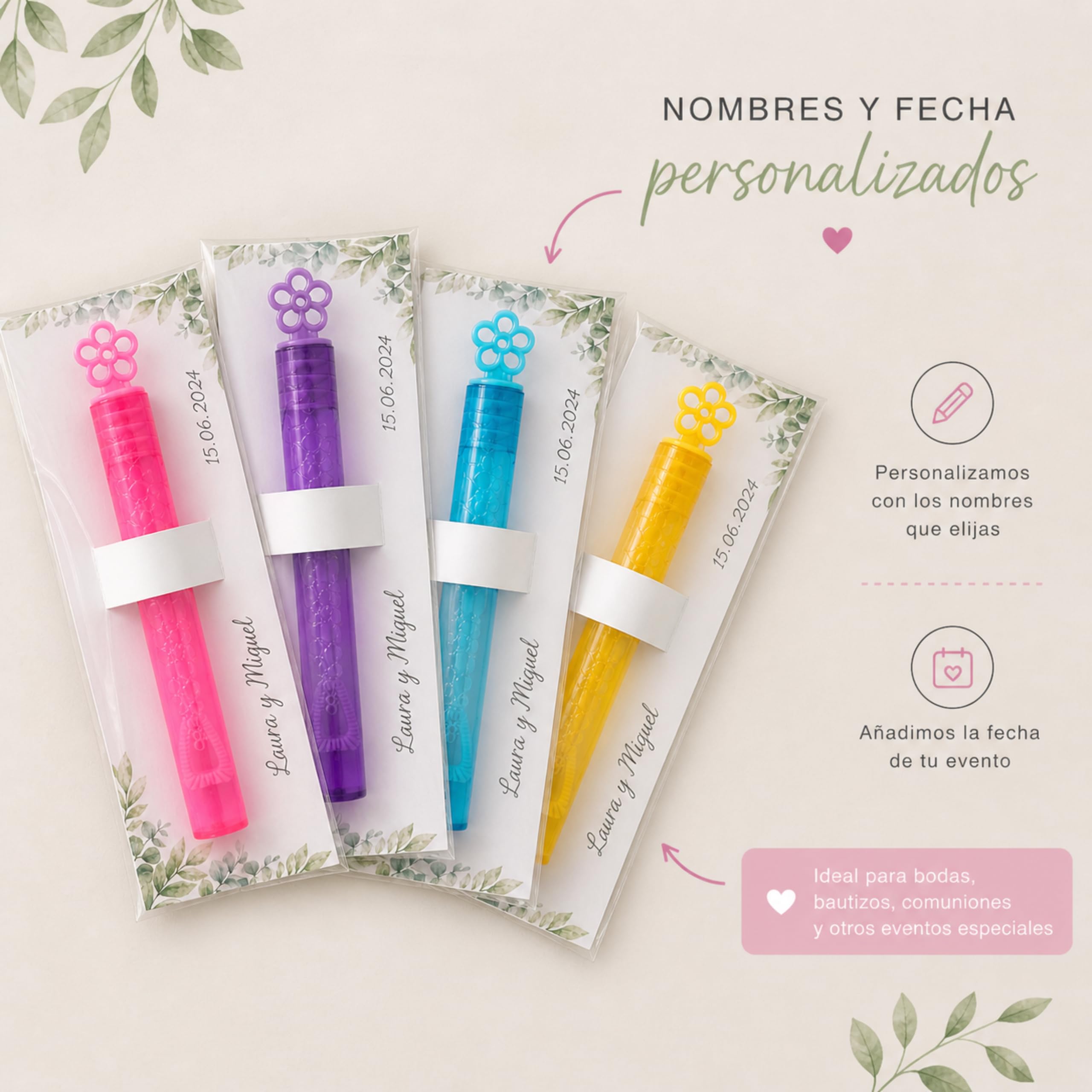 Pack de 32 Pomperos Personalizados para Eventos - Pompas de Jabón para Bodas, Bautizos, Comuniones y Cumpleaños - Detalles de Invitados Personalizables - colores surtidos