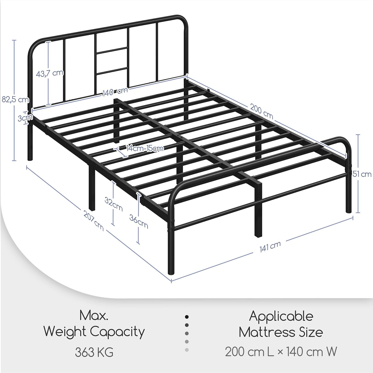 Technical diagram of the bed frame with detailed dimensions in centimeters, showing length, width, height, and under-bed clearance. Max weight capacity 363 KG, applicable mattress size 200 cm L x 140 cm W.