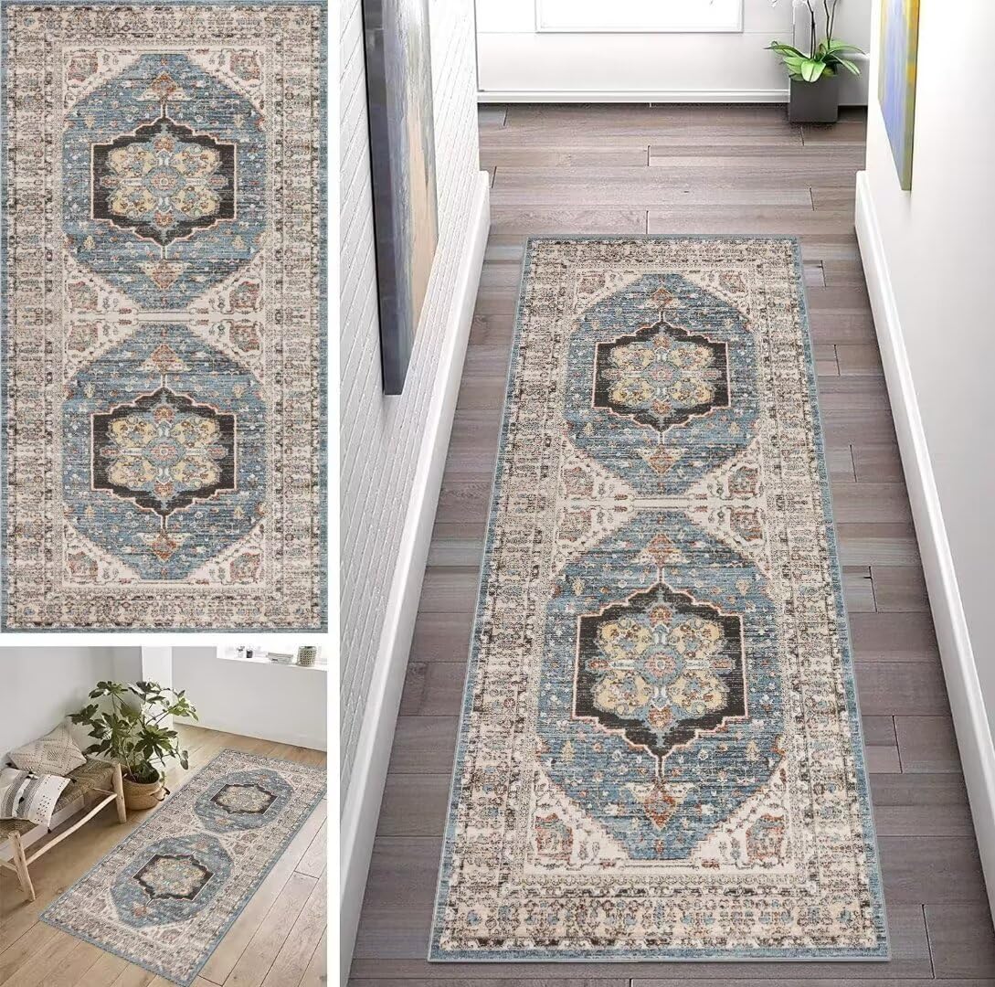 ZUZEKU Boho Classic Runner Hallway Kitchen Washable Non-Slip 40 x 90 cm Blue and Grey Vintage Kitchen Rug Hallway Rug for Corridor Living Room Bedroom Sold by the Metre Adjustable