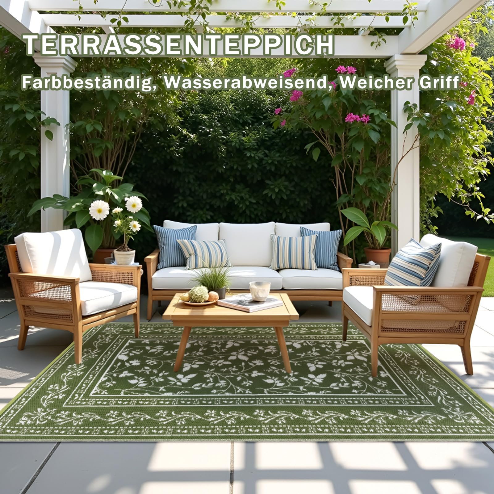 Grün Outdoor Teppich Wetterfest 150x245cm, Wendbarer Balkon Teppich, Outdoorteppich Matte Kunststoff Teppiche, Wasserdichter Außenteppich, UV-Beständige Camping Teppiche für Terrasse Garten RV