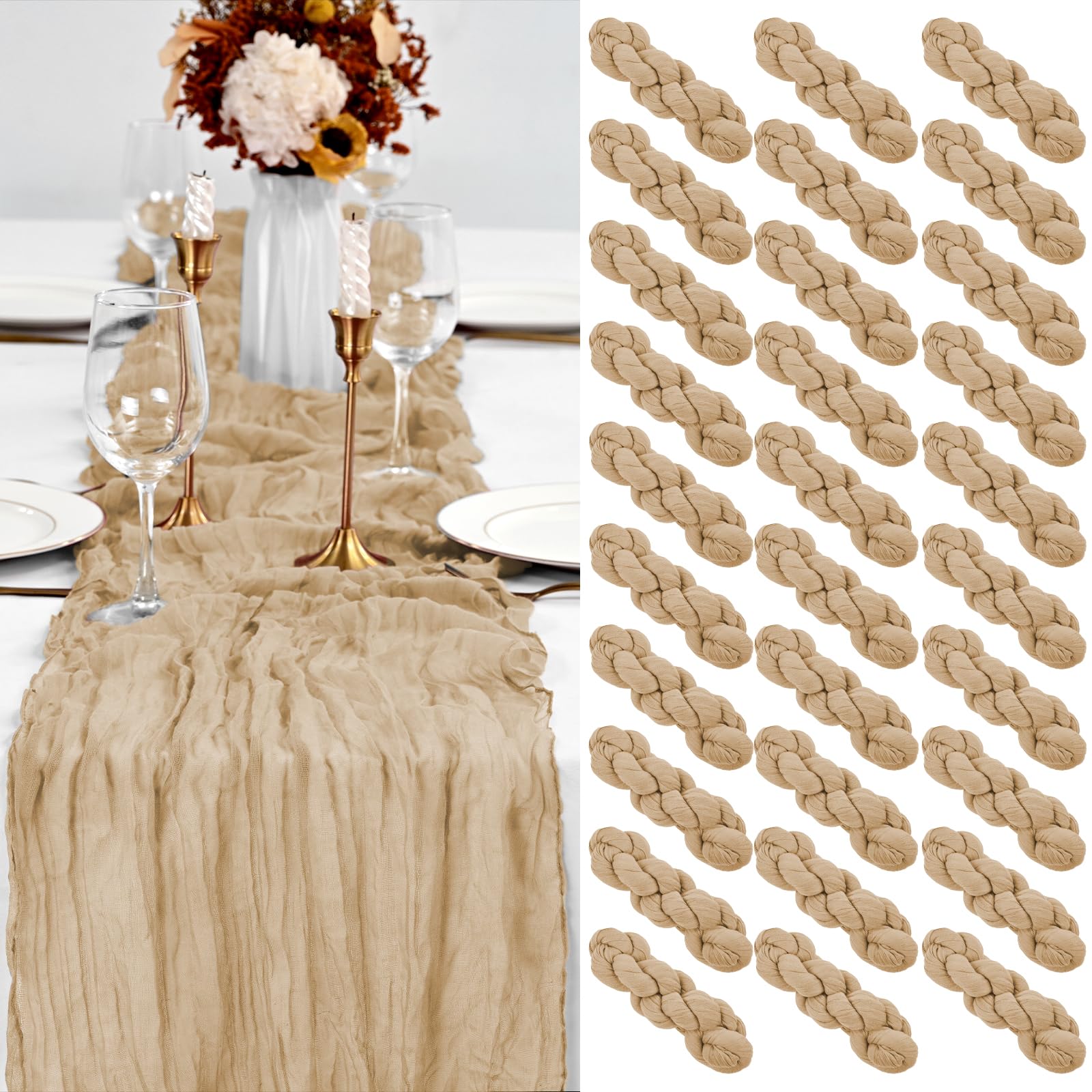 30 Pack Beige Table Runner 10Ft Cheesecloth Table Runner Boho Gauze Table Runners Romantic Long Sheer Fabric Cheese Cloth Table Runners for Wedding