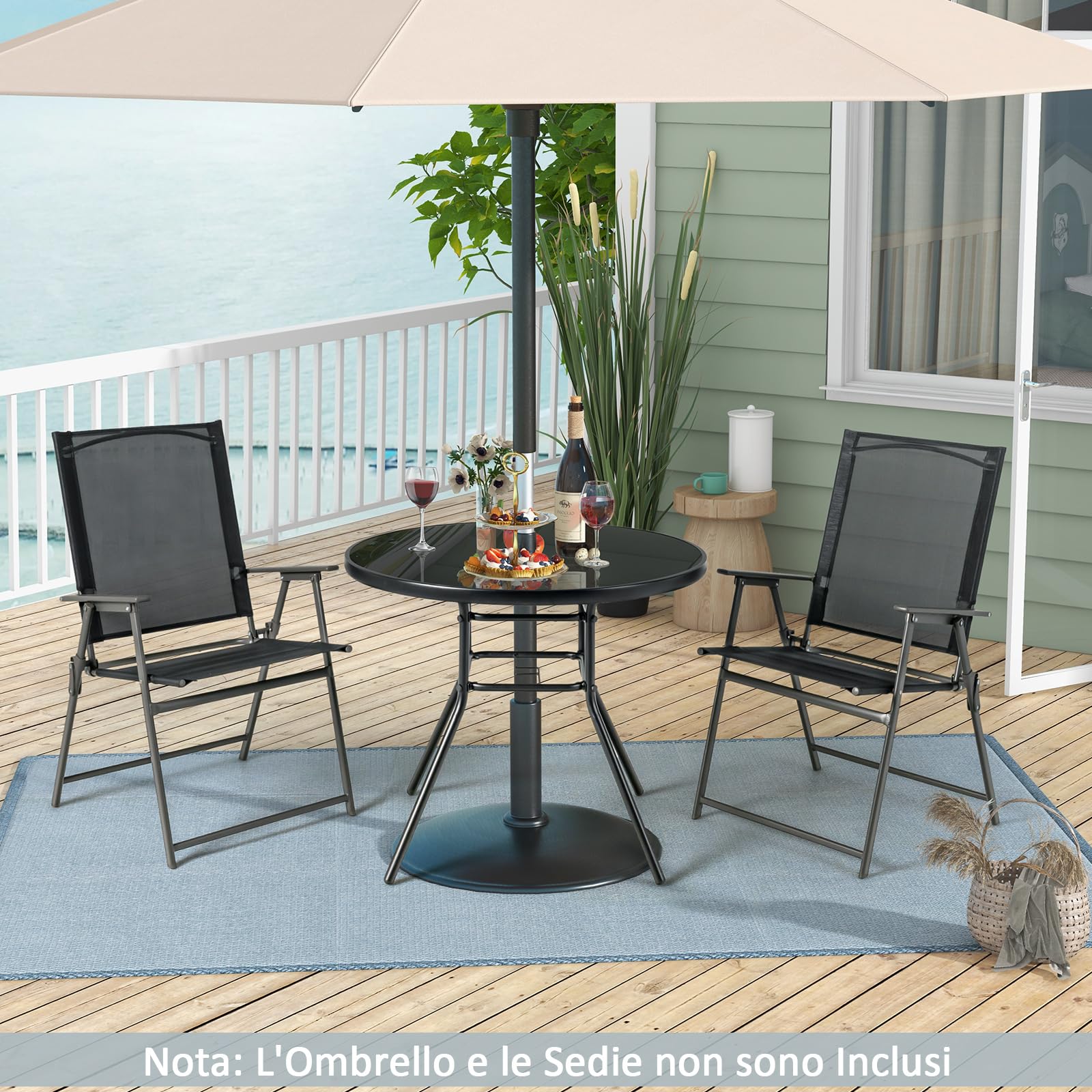 COSTWAY Tavolo Rotondo da Giardino con Buco per Ombrellone, Tavolo da Esterno in Vetro Temperato Struttura in Metallo, Tavolino per Balcone, Terrazza, Sala Pranzo e Soggiorno, 86 x 86 x 71 cm, Nero