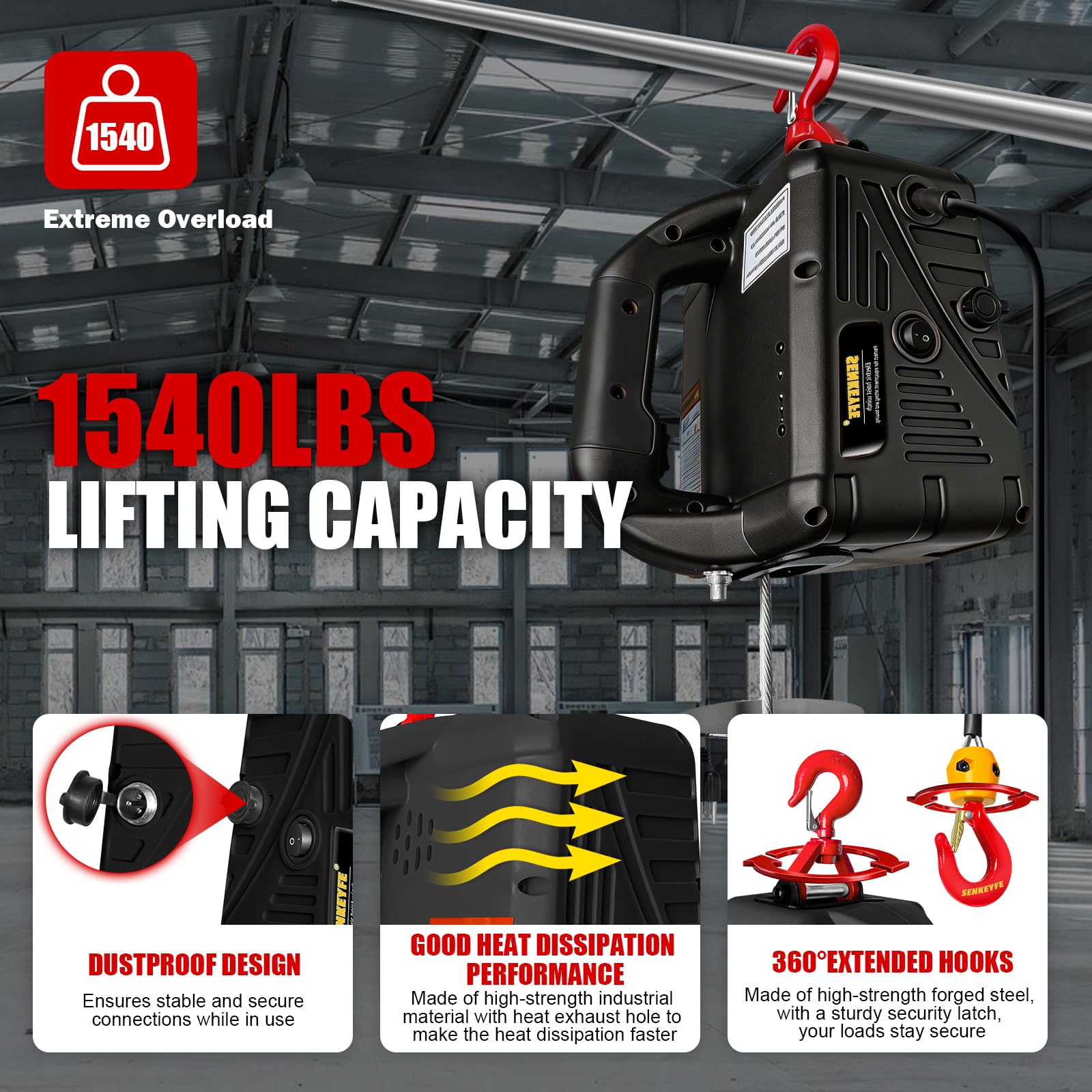 Verricello elettrico portatile 698,5 kg, 3 in 1, paranco elettrico a cavo 110 V 25 FT con cinghia di sollevamento, argano elettrico a soffitto per sollevamento rimorchio