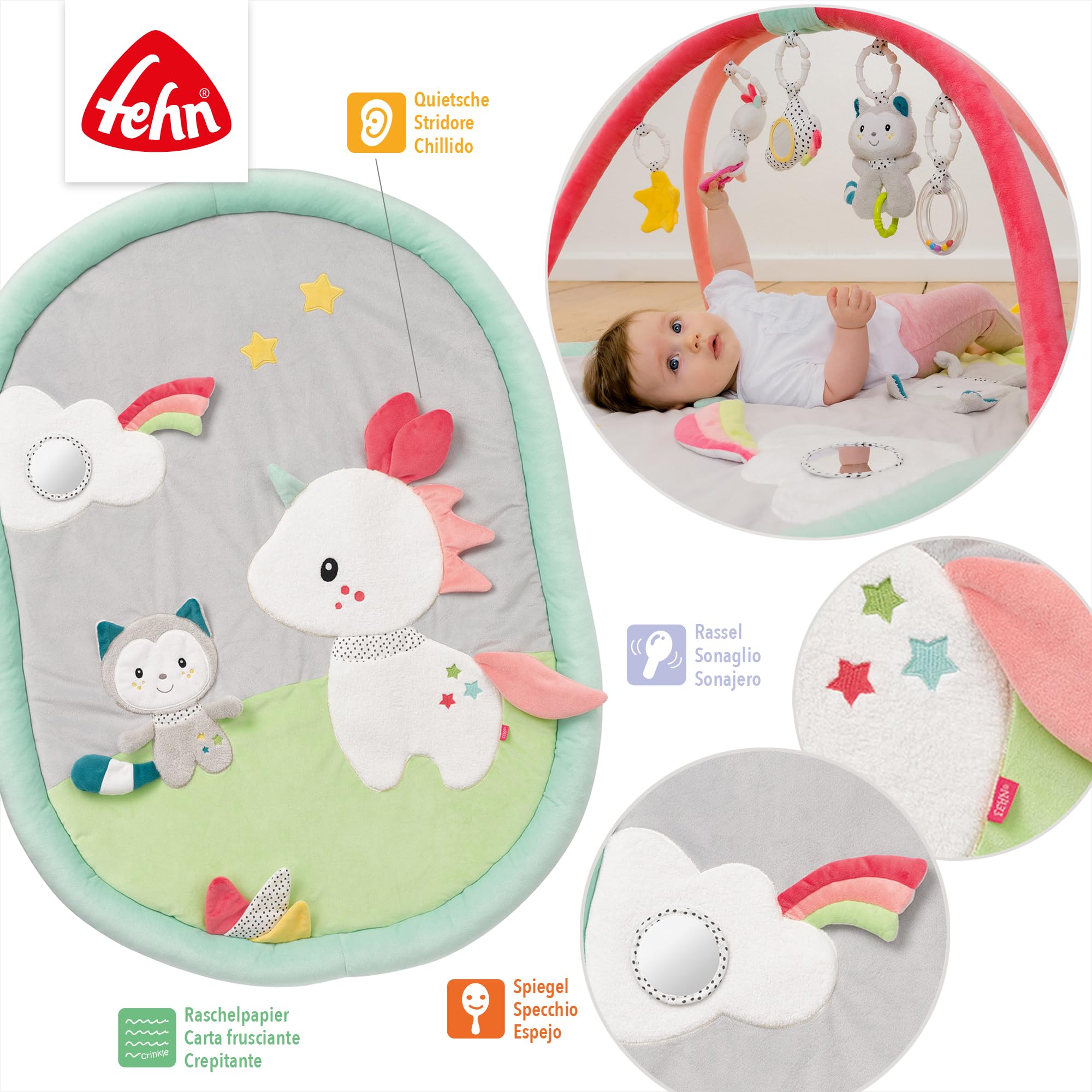 Fehn coperta attività 3D arco di gioco Aiko e Yuki - Tappeto da gioco con 5 giocattoli rimovibili da afferrare - per neonati e bambini a partire da 0+ mesi - come regalo per la nascita