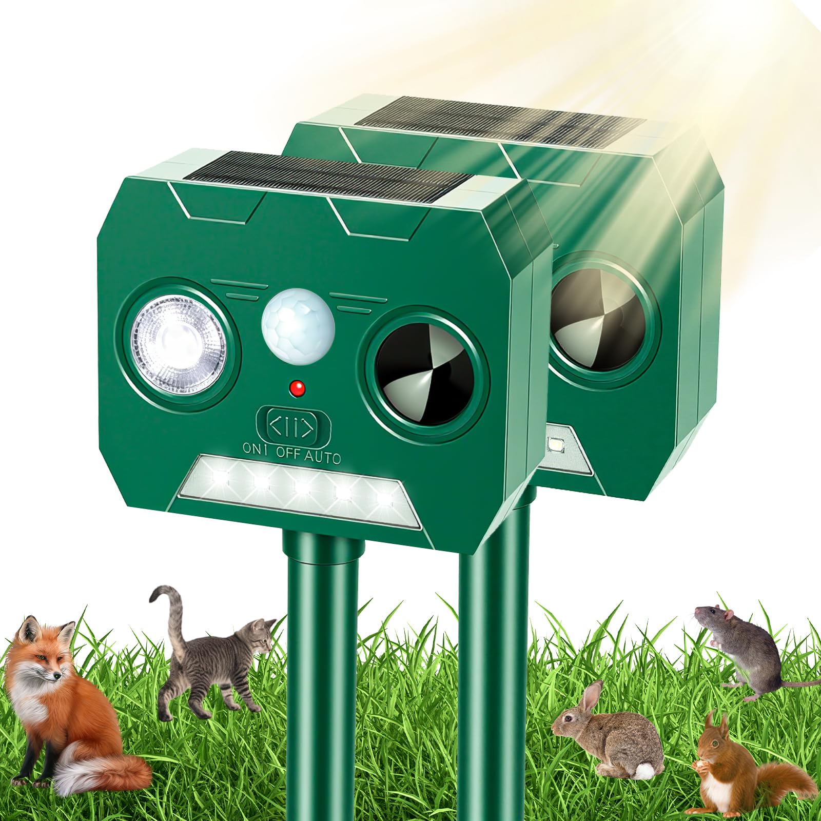 2 Pack Cat Repellent for Gardens UK, Solar Ultrasonic Animal Deterrent with PIR Motion Sensor & Flashing Light, 12m/120° Detection, IP65 Waterproof Cat Scarer for Foxes, Dogs & Squirrels,Olive Green