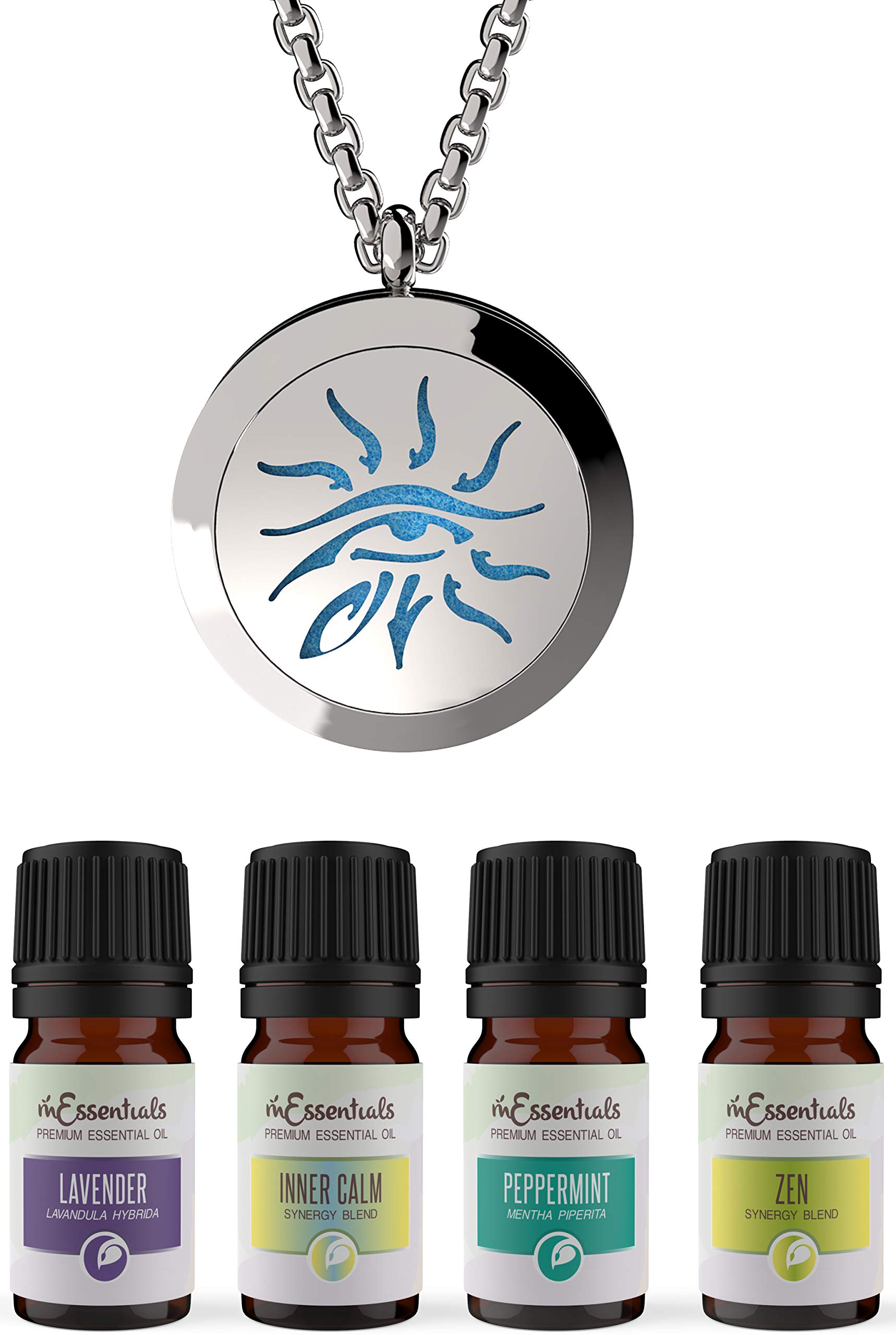 mEssentials Eye Essential Oil Diffuser Necklace Gift Set - Includes Aromatherapy Pendant, 24" Stainless Steel Chain, Refill Pads and 100% Pure Oils (Lavender, Peppermint, Inner Calm and Zen)