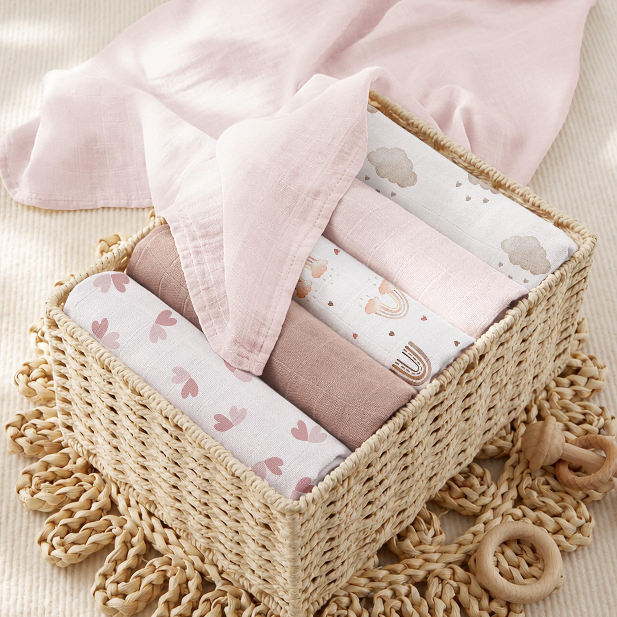 Bearmoss Panno in mussola per bambini, 5 pezzi, traspiranti e assorbenti, 60 cm x 60 cm, per il bagno, asciugare e pulire i neonati (rosa-marrone)