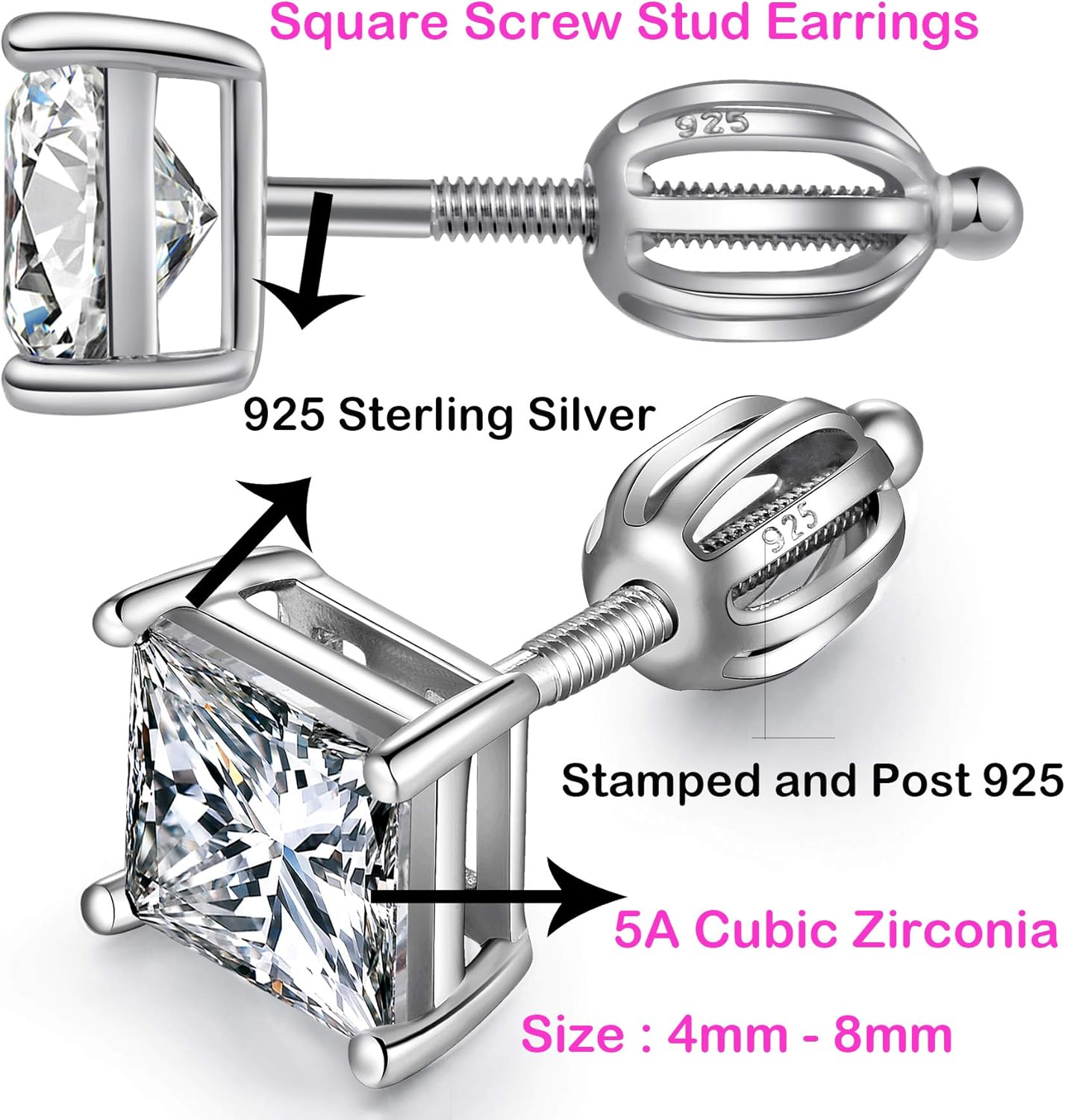 Jiamiaoi Stud Earrings Screw Back Sterling Silver Cubic Zirconia Stud Earrings Set 4 Millimeters-8 Millimeters Nickle Free Hypoallergenic Earring Studs - Image 7