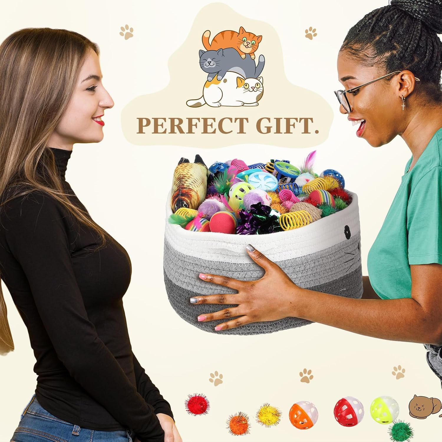 Zopeal 58 Pcs Mother’s Day Cat Storage Basket Gift Toys Set, Colorful Flashing Balls Pet Bell Crinkle Balls Spring Toys Attract Cat to Swat, Hunt, Interactive for Pet(Multicolor,12 Inch)