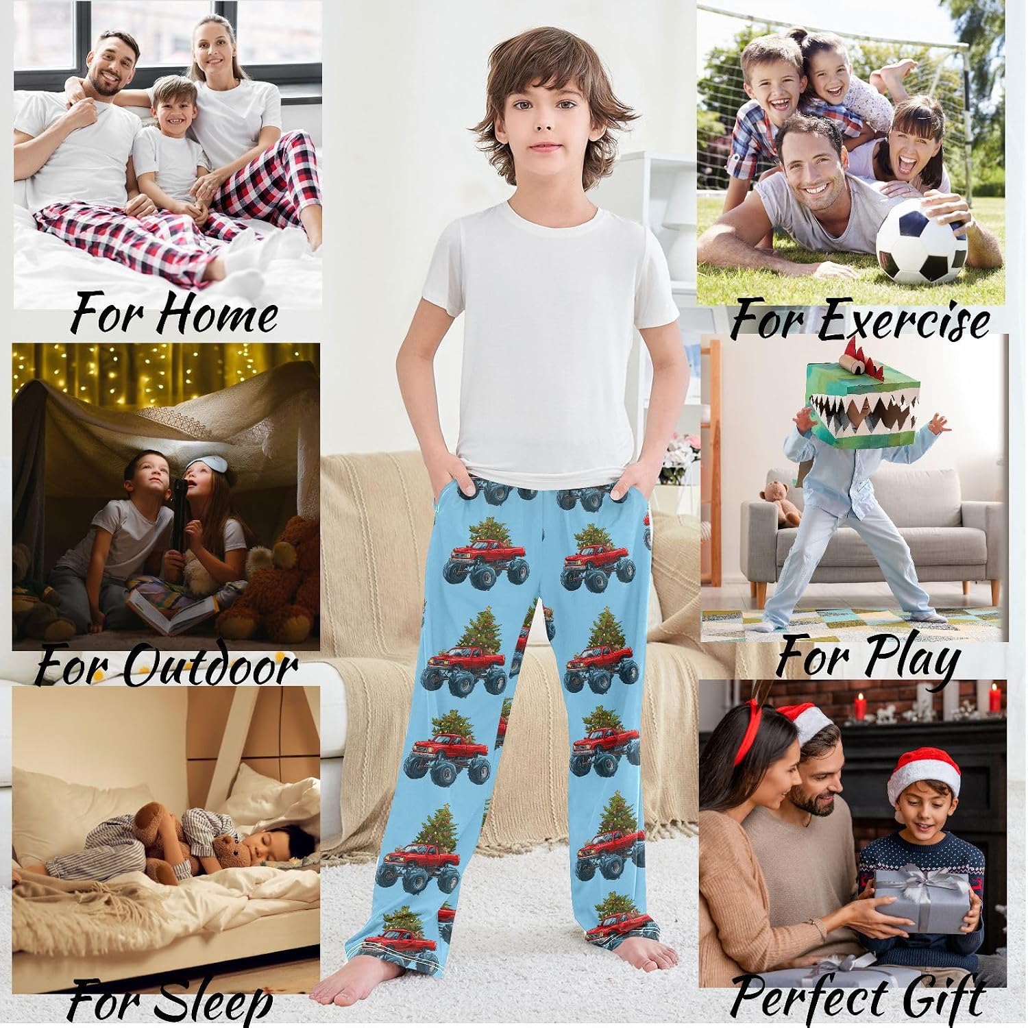 visesunny Boys' Pants Christmas Monster Trucks Trees Jogger Pants Elastic Waist Long Bottoms Trousers with Pockets S-XL