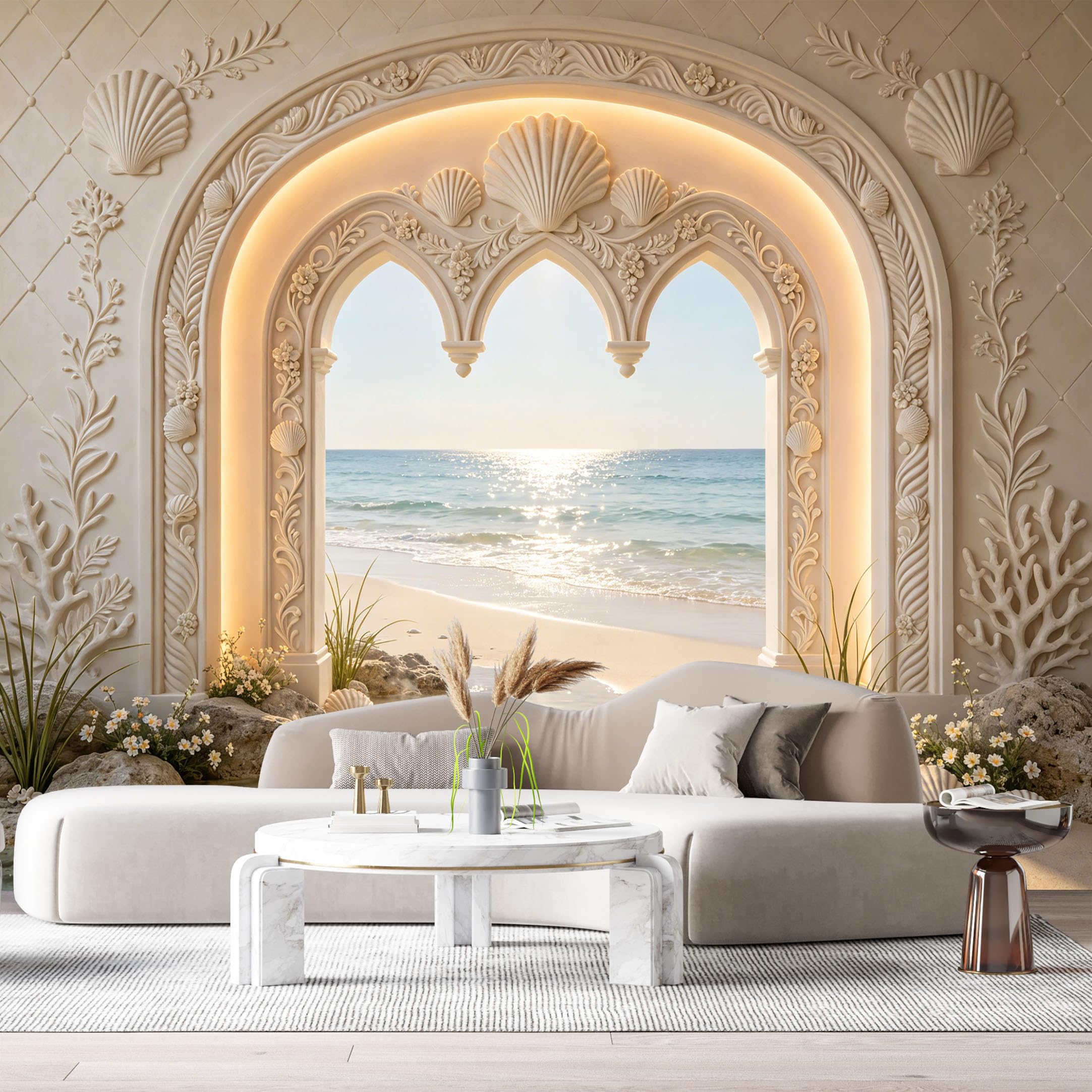 Custom Size Wall Murals Coastal Ocean Marine Archway Seashell 3D Trompe L'Oeil SelfAdhesiveWall Fabric Removable Wallpaper Wall Decor for Living Room Bedroom Bathroom